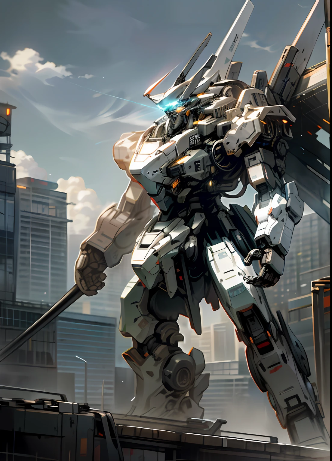 sky, cloud, holding_weapon, no_humans, glowing, , robot, building, glowing_eyes, mecha, science_fiction, city, realistic,mecha