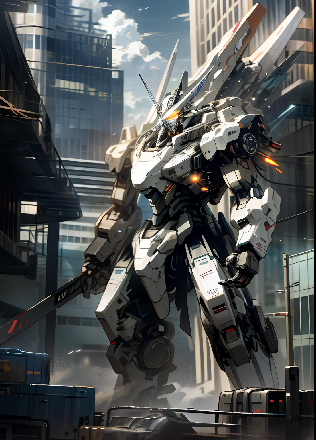 sky, cloud, holding_weapon, no_humans, glowing, , robot, building, glowing_eyes, mecha, science_fiction, city, realistic,mecha