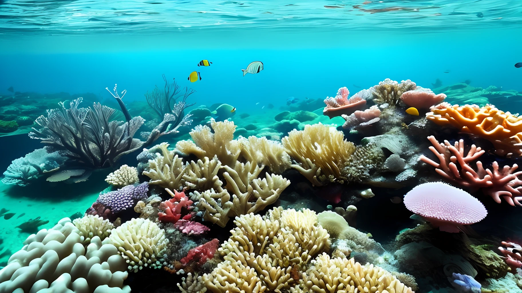 underwater world, trench, fish, coral reef, sunlight