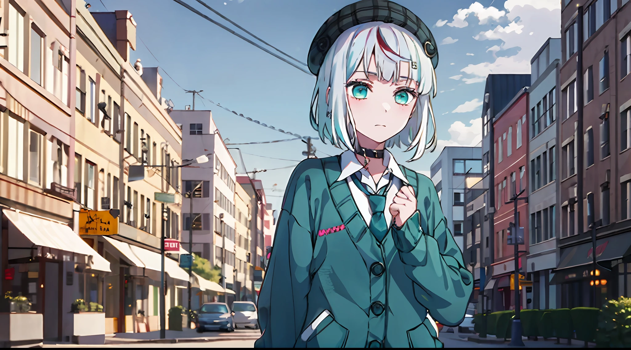 best quality, masterpiece, 1girl, solo, red gradient streaked hair, short hair, white hair, lily (wacca), black beret, plaid skirt, choker, cyan sweater jacket, collared shirt, black plaid necktie, sleeves past fingers, blunt bangs