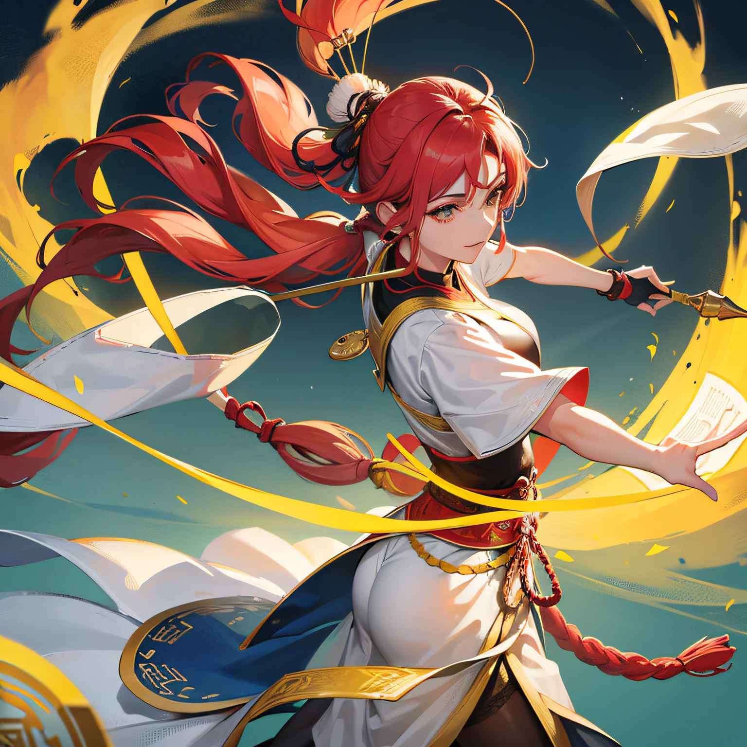 "A work with ancient Chinese style, master part, maximum quality, ultra detalhada, CG unidade 8k papel de parede, beautiful illustration, A Chinese archer protecting his beloved, who is dressed traditionally and floating through the skies, with dynamic angle and dynamic pose, soft-lighting, cores suaves, flor, nuvens e vista ampla do horizonte."