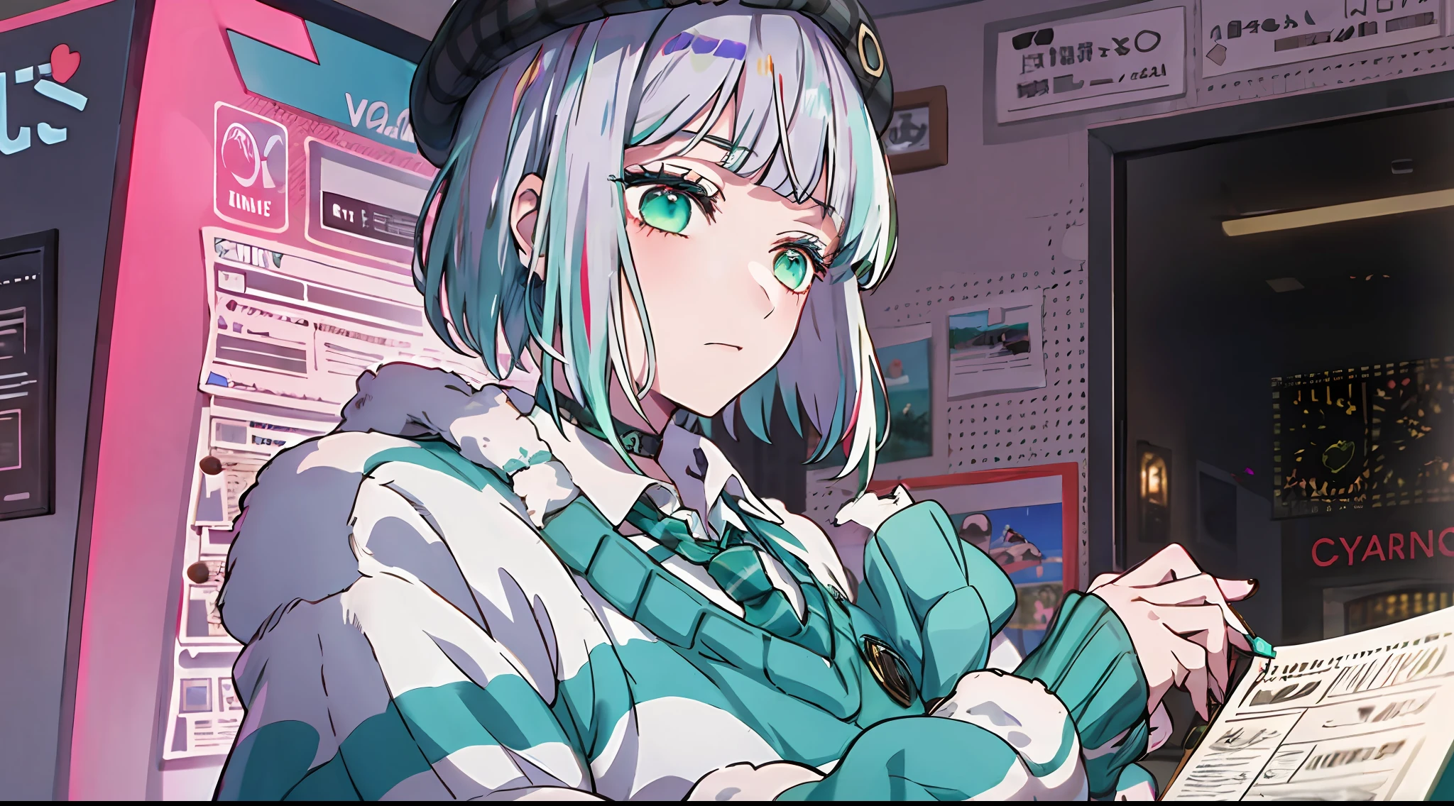 best quality, masterpiece, 1girl, solo,  red gradient streaked hair, short hair, white hair, lily (wacca), black beret, plaid skirt, choker, cyan sweater jacket, collared shirt, black plaid necktie, sleeves past fingers, blunt bangs