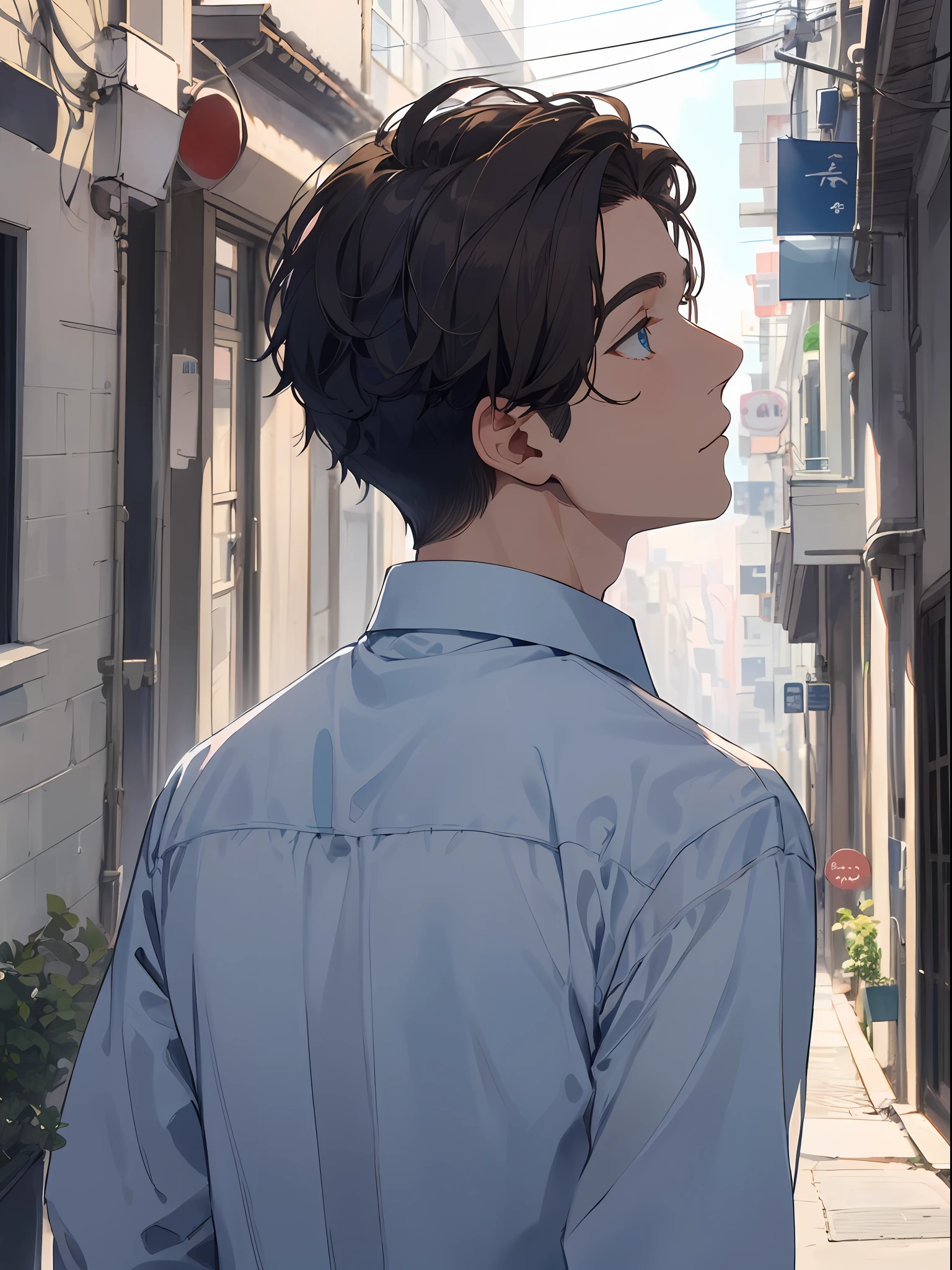 30 years old men,adult-like、tall、 Cool Mousse Brown Hair, White skin, Blue eyes, ((Navy blue shirt and white tie))、 A little condescending eyes、extremely high quality、Back alleys without people, High image quality, Extremely delicate drawing.