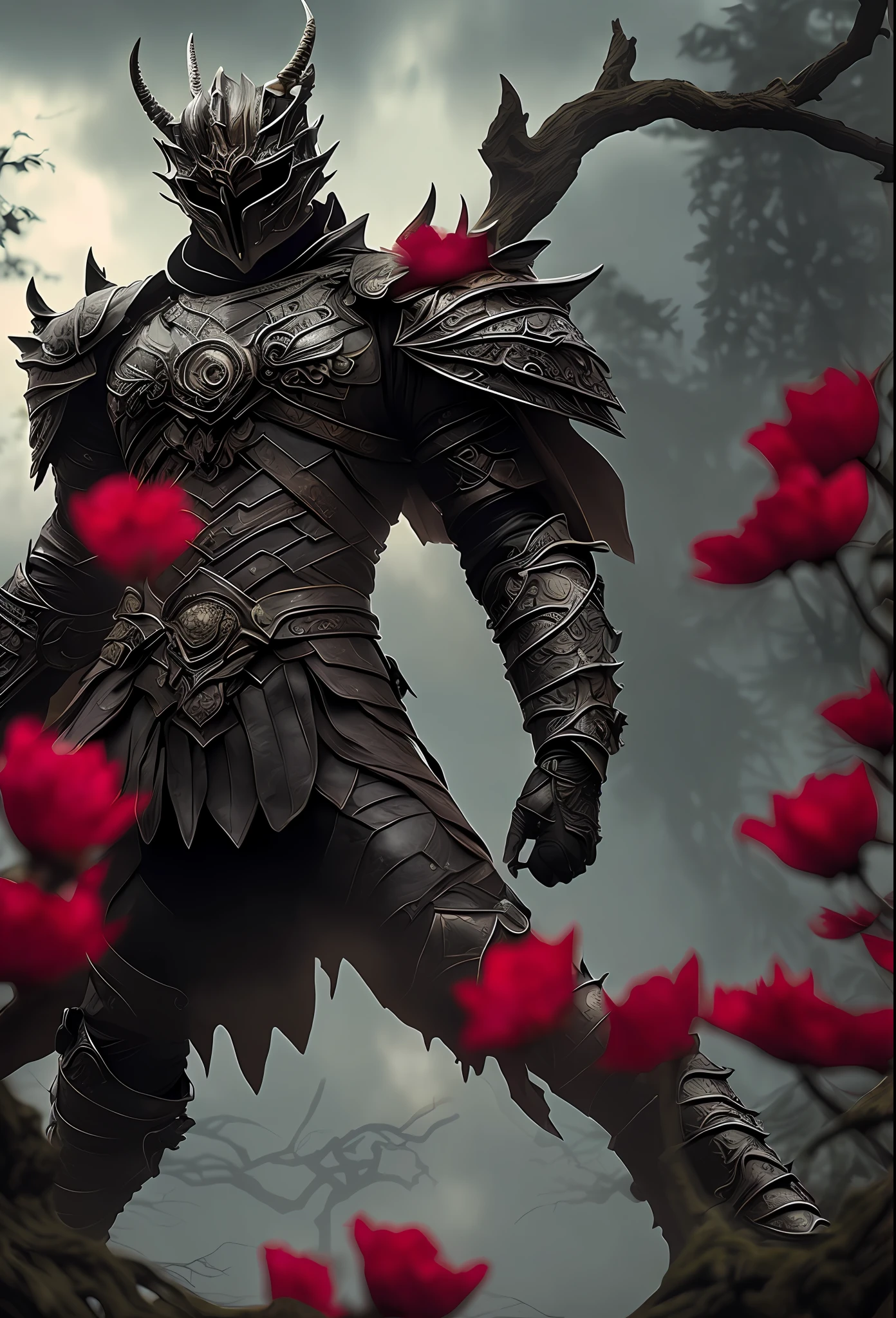 ((best quality)), ((masterpiece)), ((inked)), (night:1.2), (dynamic action pose:1.3), 1man, majestic intricately detailed soft oil painting by jim lee, body portrait, low angle, a menacing fully armored black knight, (intricately filigreed black armor, scroll worked ebony armor:1.2), full skull styled horned helm, skull faceguard, (black and red feathered wings:1.2), in the haunted dark forest, (twisted gnarled trees:1.3), dramatic cinematic lighting, soft edge lighting, (bloom:1.2), photographed on a Canon EOS R5, 50mm lens, F/2.8, HDR, professional, dramatic cinematic lighting, (backlit:1.2), hard edge lighting, cold vibrant colors, (swirling crimson flower petals:1.3), cinematic Film still from wrath of the titans|the lord of the rings|(darksouls:0.5)|(krull:0.1|the void