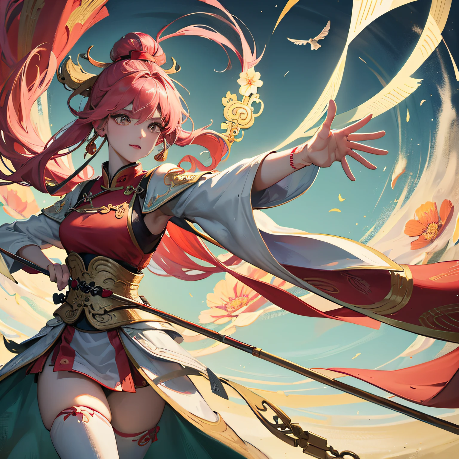 "A work with ancient Chinese style, masterpiece, Maximum quality, ultra detalhada, CG unity 8k wallpaper, beautiful illustration, A Chinese archer protecting his beloved, who is dressed traditionally and floating through the skies, with dynamic angle and dynamic pose, soft-lighting, cores suaves, flores, nuvens e vista ampla do horizonte." --auto