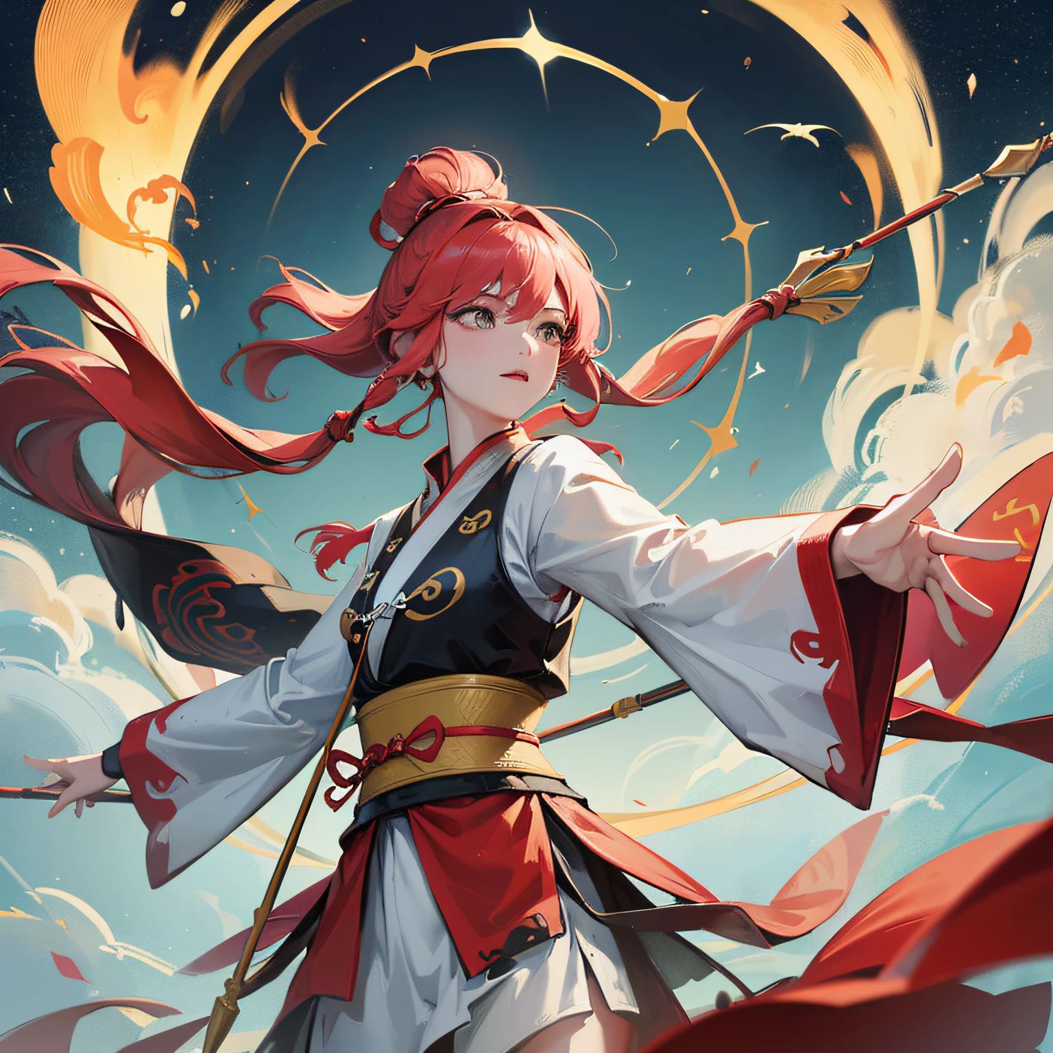 "A work with ancient Chinese style, masterpiece, Maximum quality, ultra detalhada, CG unity 8k wallpaper, beautiful illustration, A Chinese archer protecting his beloved, who is dressed traditionally and floating through the skies, with dynamic angle and dynamic pose, soft-lighting, cores suaves, flores, nuvens e vista ampla do horizonte." --auto