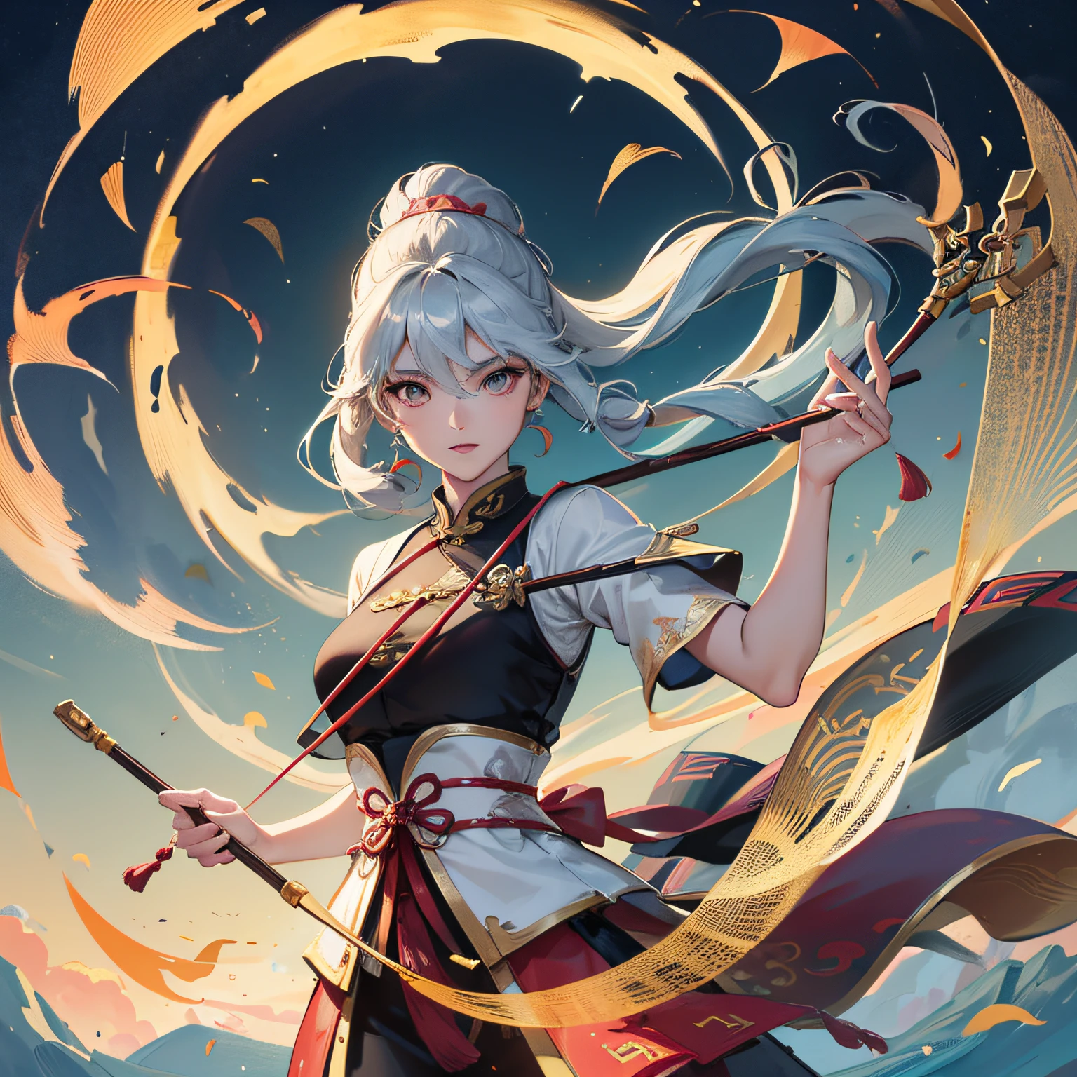 "A work with ancient Chinese style, masterpiece, Maximum quality, ultra detalhada, CG unity 8k wallpaper, beautiful illustration, A Chinese archer protecting his beloved, who is dressed traditionally and floating through the skies, with dynamic angle and dynamic pose, soft-lighting, cores suaves, flores, nuvens e vista ampla do horizonte." --auto