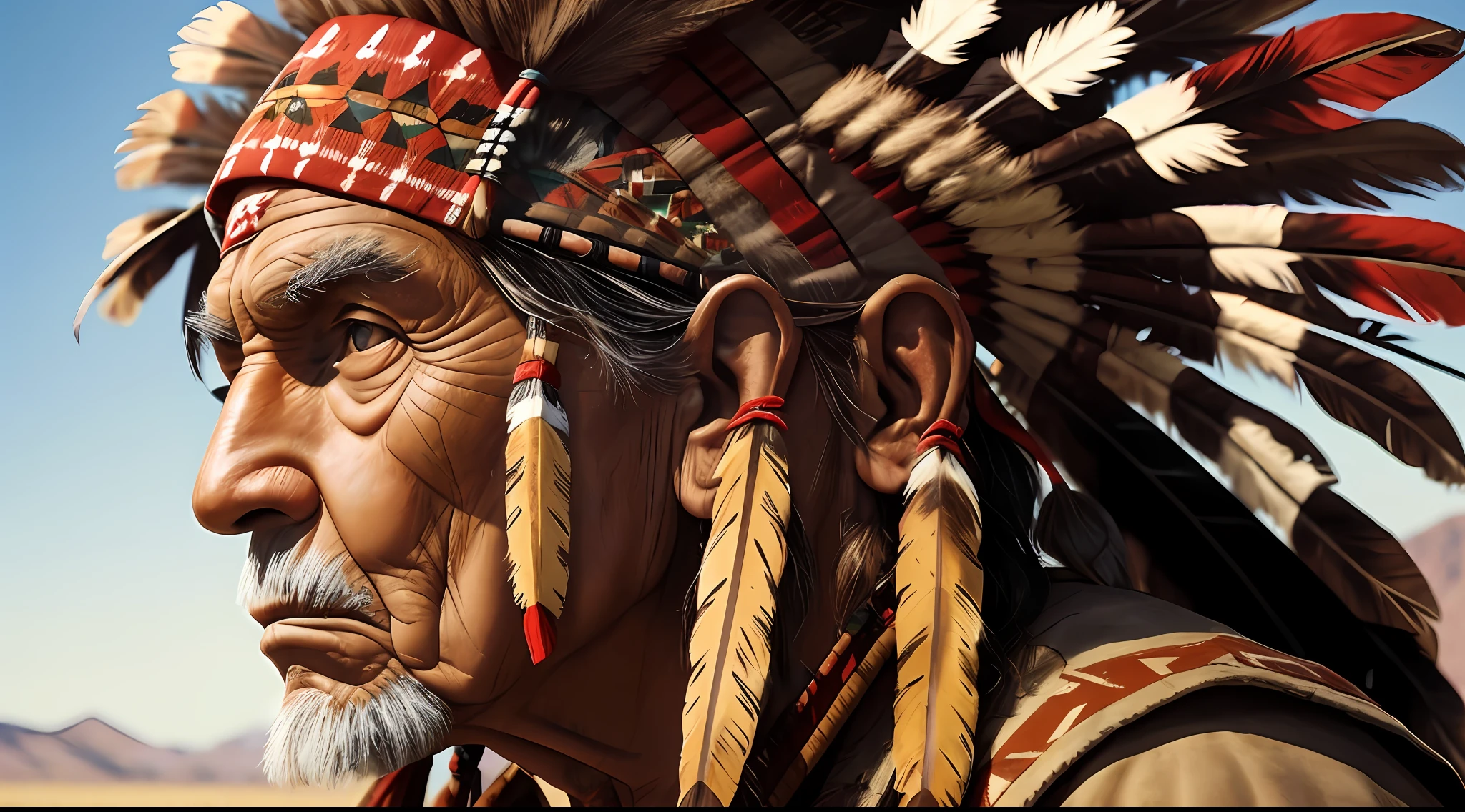 an old American Indian chief, semi-profile, wrinkled face, bright brown eyes, weathered skin, highly detailed, war paint, war bonnet, --auto
