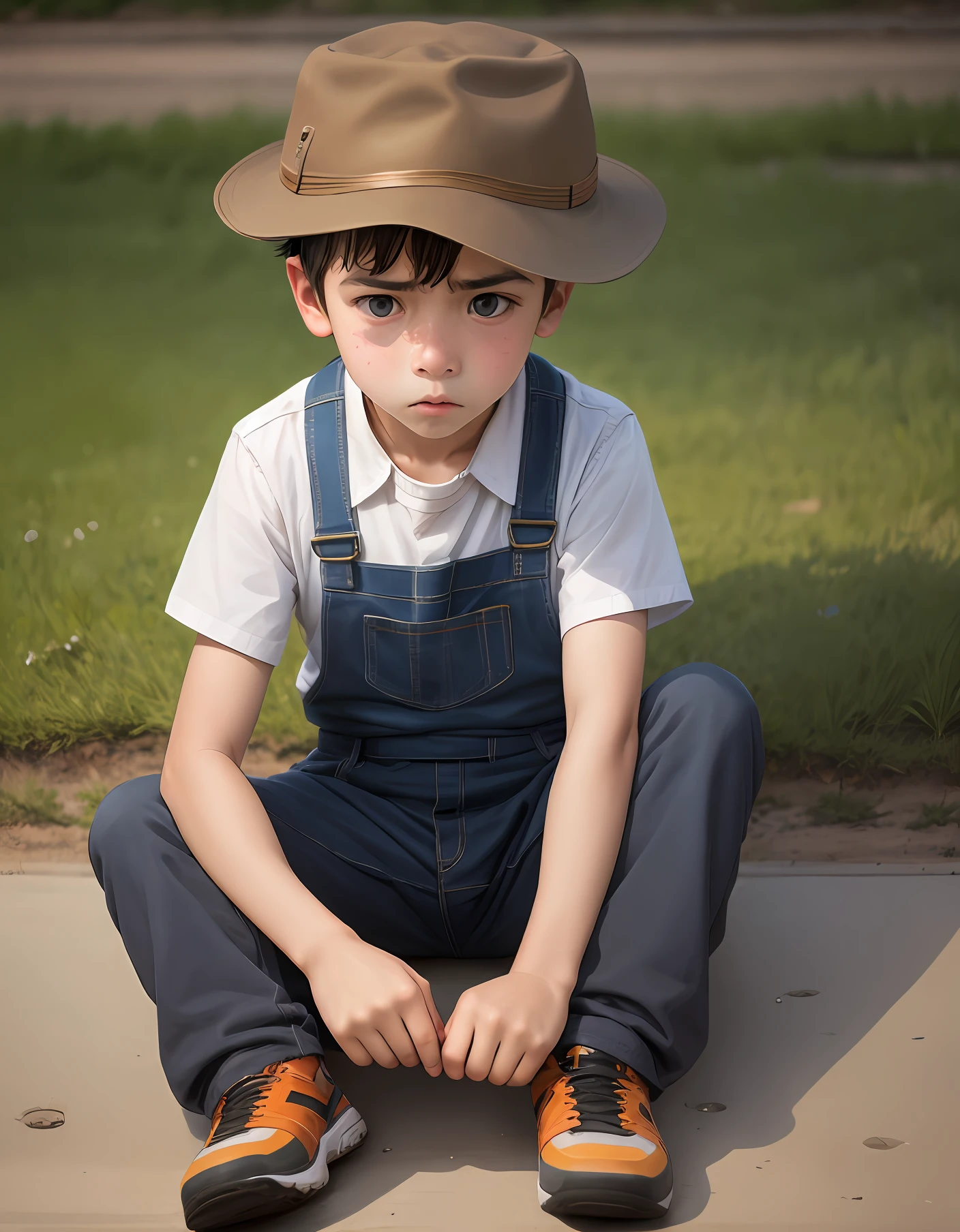 The little boy mechanic sits on the ground，The expression is sad，With a hat