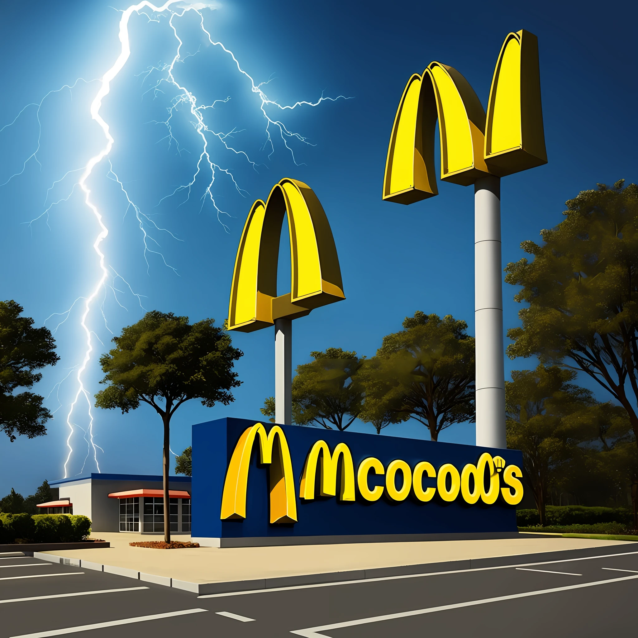 M-shaped lightning,The logo is similar to McDonald's,Realistic style,Camera wind