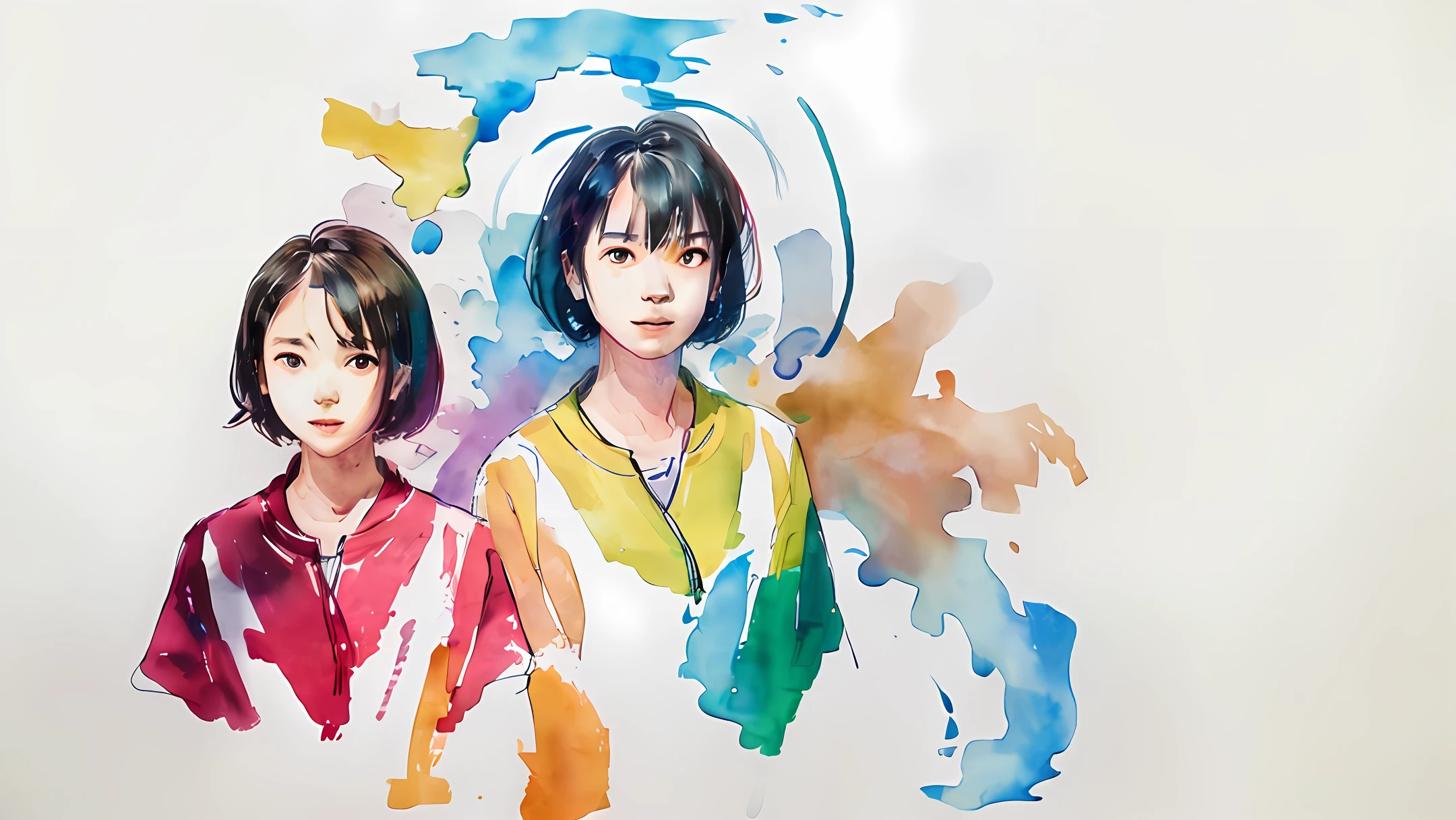 short detailed hair,whaite hair,Kizi,Look up,The upper part of the body,water ink