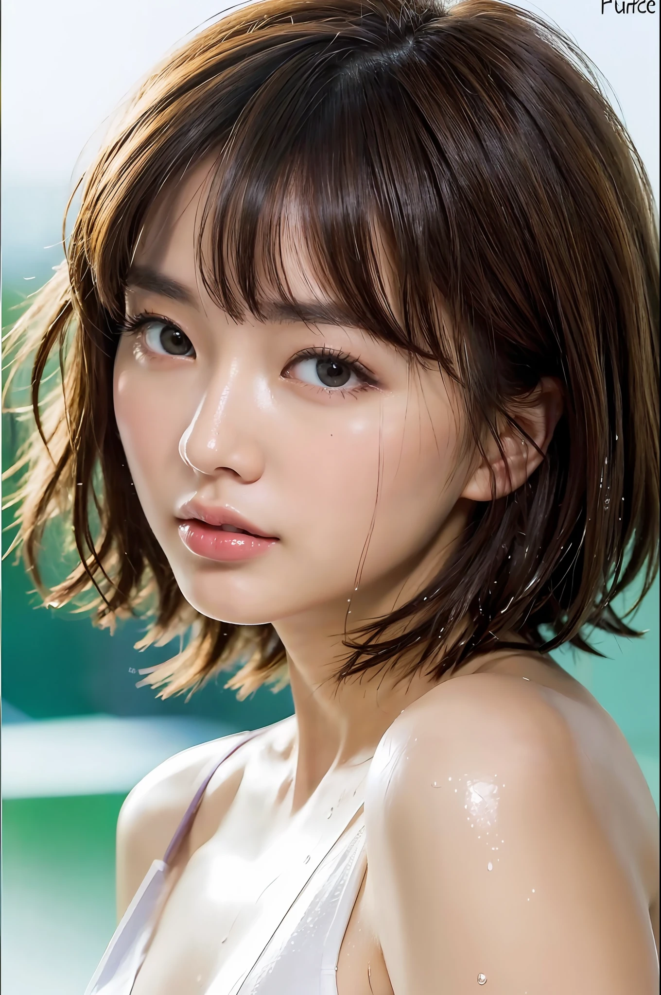 japanese beautiful woman,Ultra detailed skin,Ultra-fine,toView,Brown-eyed,drooing eyes,high detailing,(short-haired with bangs:1.2),(Photorealsitic:1.4),(Top image quality:2.0),(超A high resolution:1.0), (​masterpiece:1.5),(pureerosface:1.5),big eye,Dynamic lighting,the skin is wet,Bright pink and sparkling lipstick,White and beautiful skin,swim wears,20yr old,sexypose