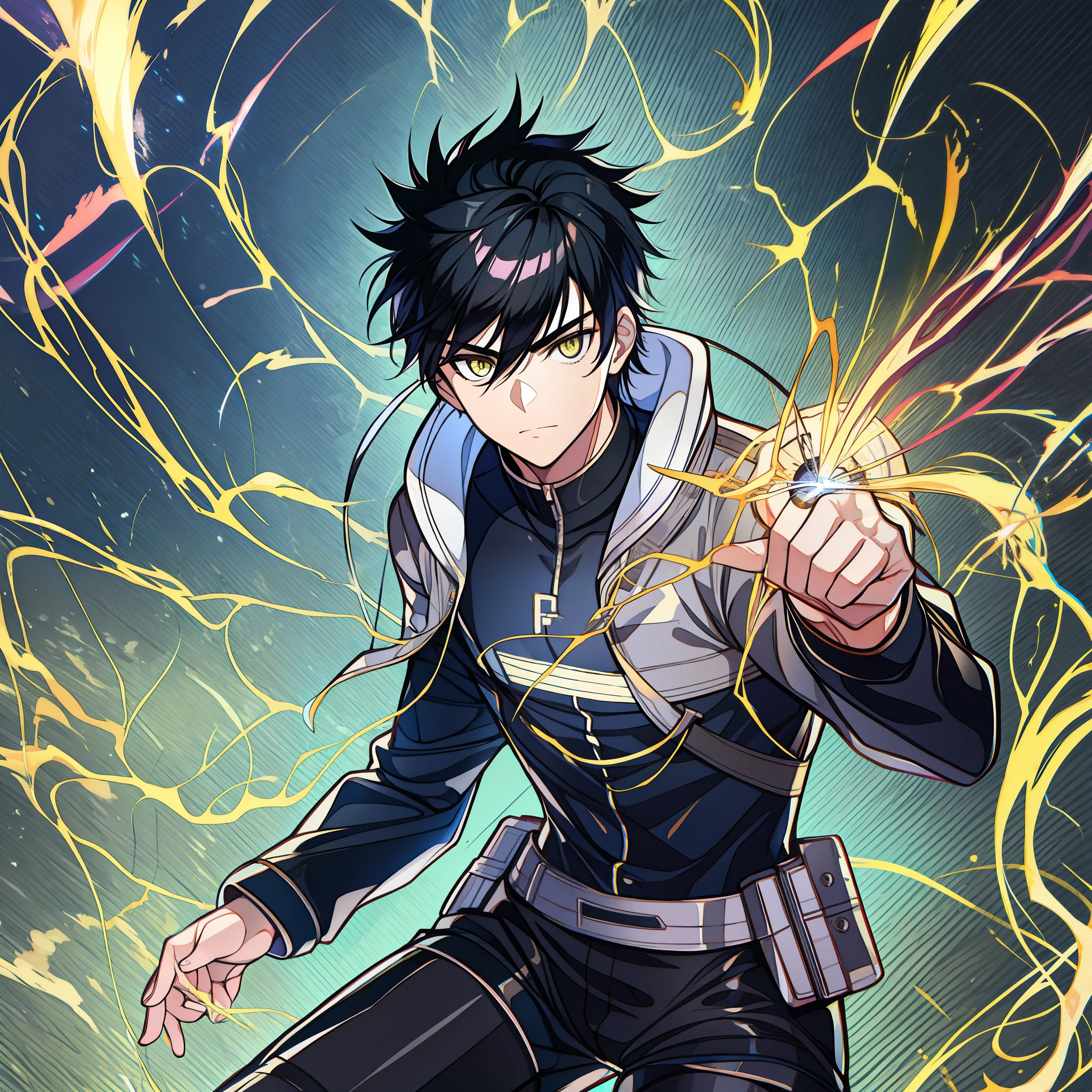 teenage male with black hair and yellow eyes, electricity powers