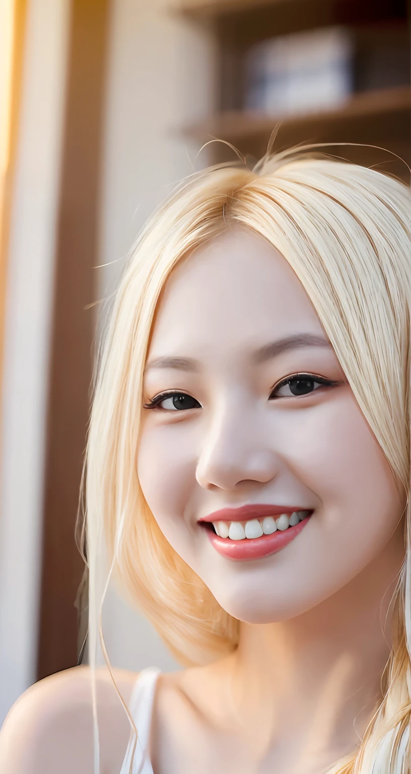 Blonde woman with long hair smiling，looking at the camera in, young lovely Korean faces, Gorgeous young Korean woman, Beautiful young Korean woman, Korean face features, beautiful Korean women, smiling fashion model face, Korean woman, library background, young cute wan asian face, portrait of female korean idol, detailed face of a asian girl, Korean girl, Young Asian woman，