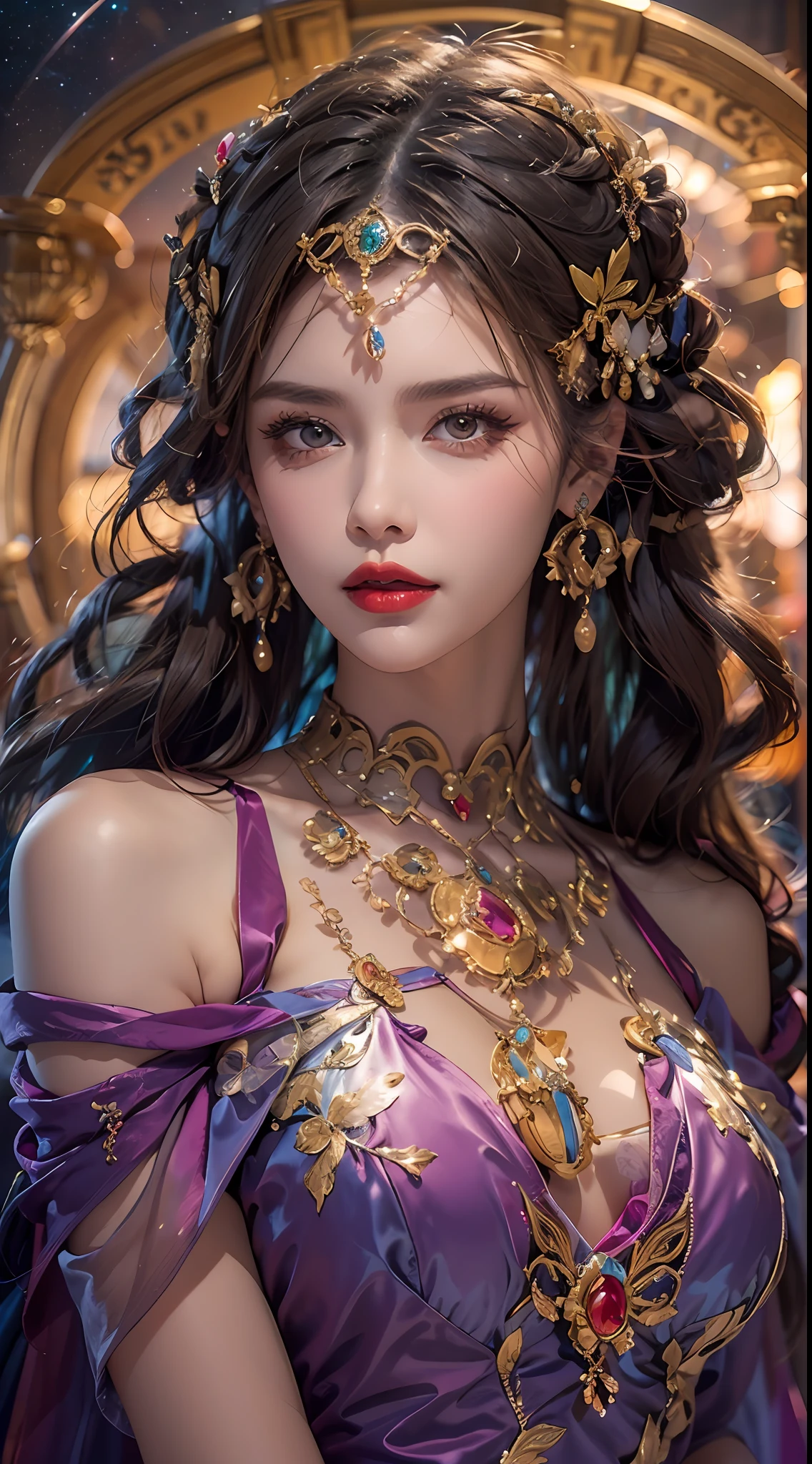 1 zodiac goddess from the future, wearing a thin silk dress, the goddess of the palace is beautiful, the goddess of the zodiac is wearing a colorful thin silk dress with sexy white and black lace trim, the goddess gives off a bow aura vibrant purple-pink zodiac, the stars have the shapes of the 12 zodiac, the goddess of the zodiac in a thin silk dress the golden zodiac with many black details, the mythical goddess of the 12 zodiac , zodiac ♏, royal zodiac style, dark and mysterious version, Full breasts, Red lips are well proportioned and beautiful, characters by karol bak and pino daeni, intricate details , detailed background, many background objects, extremely detailed, magic light, a woman, long hair dyed in seven colors and neatly tied up, face drawn clearly without marks beautiful face and well proportioned eyes, pretty and charming red lips, big round eyes and very nice and detailed makeup, far focus, thin silk dress ,hair jewelry, jewelry on the neck, dress jewelry, arm and thigh jewelry, goddess leg jewelry, mystic jewelry, body portrait, drooping arms, sexy and seductive zodiac goddess, (background space: 1.8), (galaxy: 1.7), aurora, lightning, (Aurora Background: 1.8 ), beautiful eyes, beautiful eyes photo, beautiful goddess and flowers,