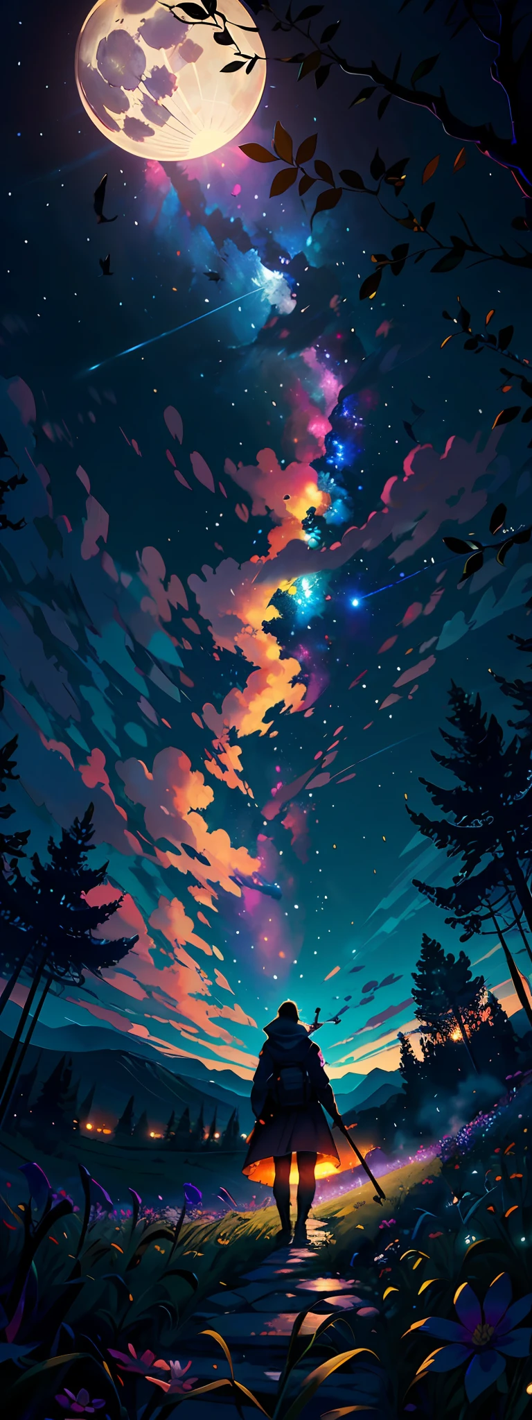 A wide landscape photo, (viewed from below, the sky is above, and the open field is below), a girl standing on a flower field looking up, (full moon: 1.2), (meteor: 0.9), (nebula: 1.3), distant mountains , Trees BREAK Crafting Art, (Warm Light: 1.2), (Firefly: 1.2), Lights, Lots of Purple and Orange, Intricate Details, Volumetric Lighting BREAK (Masterpiece: 1.2), (Best Quality), 4k, Ultra Detailed, (Dynamic Composition: 1.4), Rich in Detail and Color, (Rainbow Color: 1.2), (Glow, Atmospheric Lighting), Dreamy, Magical, (Solo: 1.2)