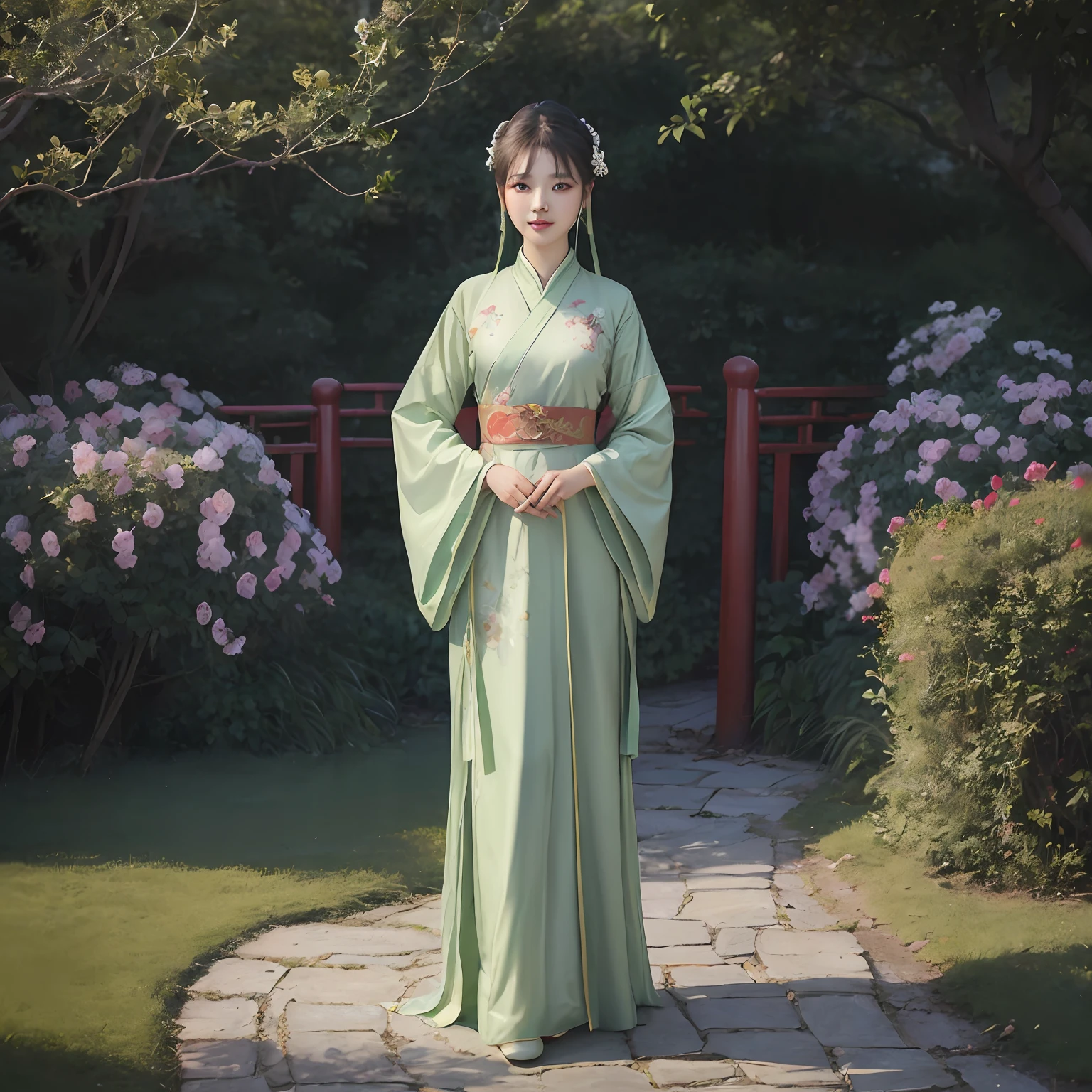 (Chinese-style painting:1.3),(Very original Hanfu, green color:1.2),(Fresh and gentle:1.2),(Gangnam Garden, Flowers:1.2),(femele, ssmile, Tulle gauze clothing:1.2),(Handheld roses,Soft sunshine,High quality details),Full body standing painting) --auto