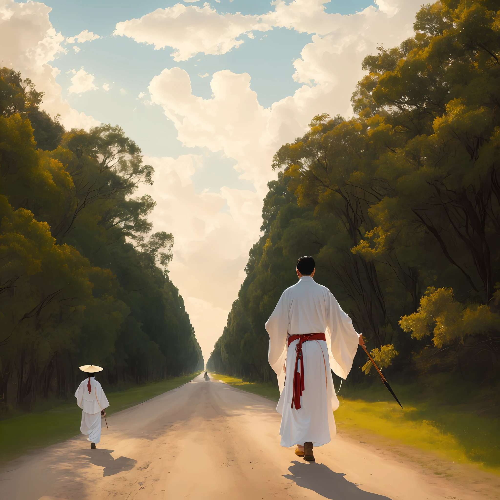 There was an adult man in a white costume, Auspicious clouds,White spear in hand,Walk alone on the Golden Avenue in white period costume,Hanfu