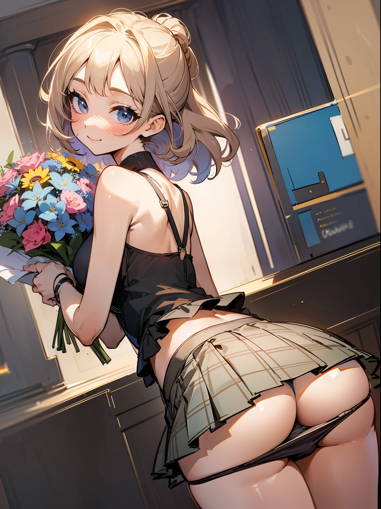 master piece,hyper quality, Hyper Detailed,Perfect drawing,Solo、a beauty girl、(((Holding a large bouquet)))、student clothes、a miniskirt、cute panty、Sexy lingerie、Stick your butt out、turned around、big round ass、((Panties in full view))、Suntan-Skin:(1.2)、cute smile face、bustup、Shooting from the back diagonally below、beatiful backgrounds、Detailed drawing、Accurate drawing。