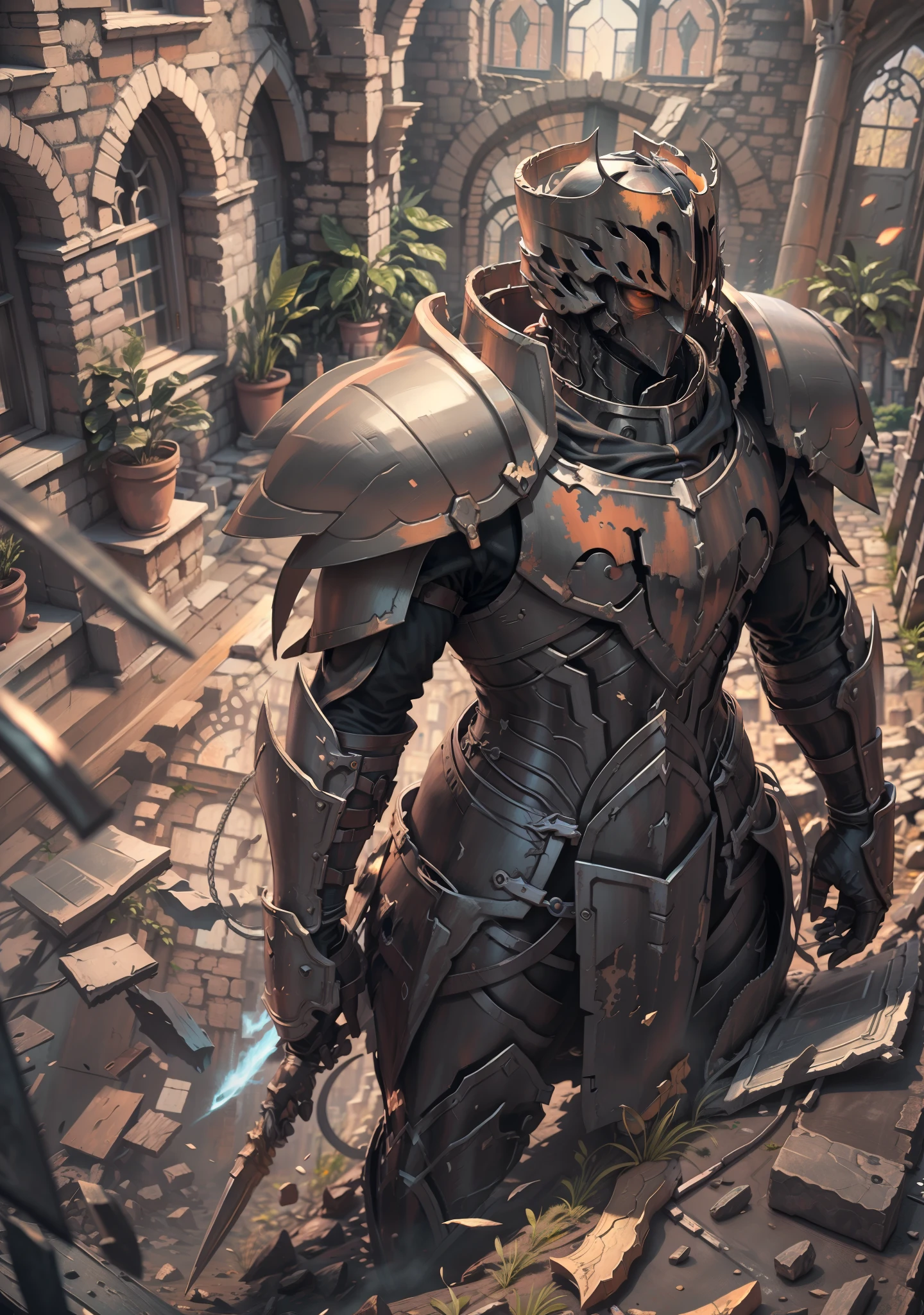 Best Quality, super detailed illustration, Rusty Knight, cracked armor, Rust, castle ruin, Heroic pose