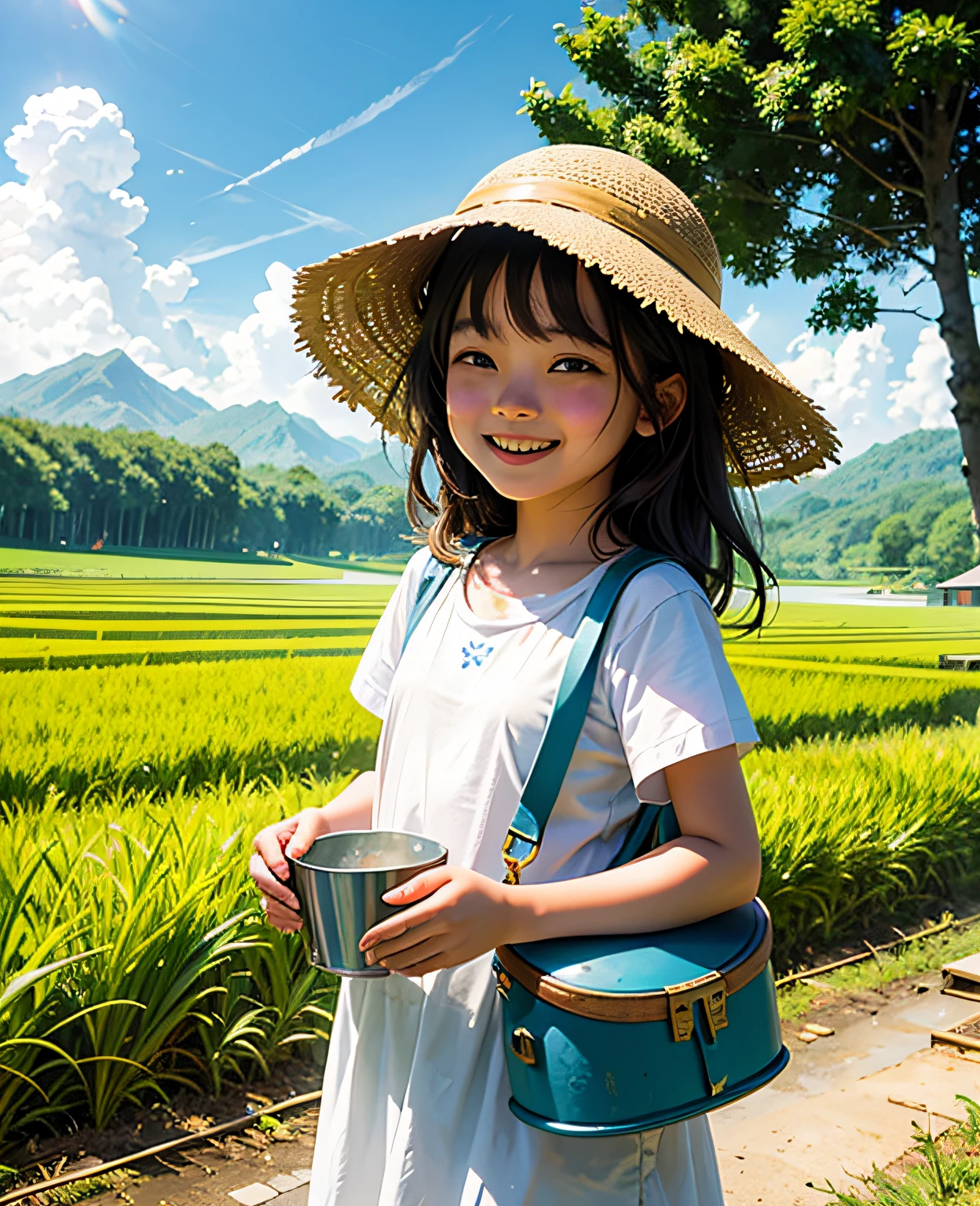 Sunny cute little girl(Younger sister),younge boy(Brother's),bucket-hat,happy laughing,White,rice paddy,and the sun was shining brightly,Rice fields,chase,scalper,watermills。