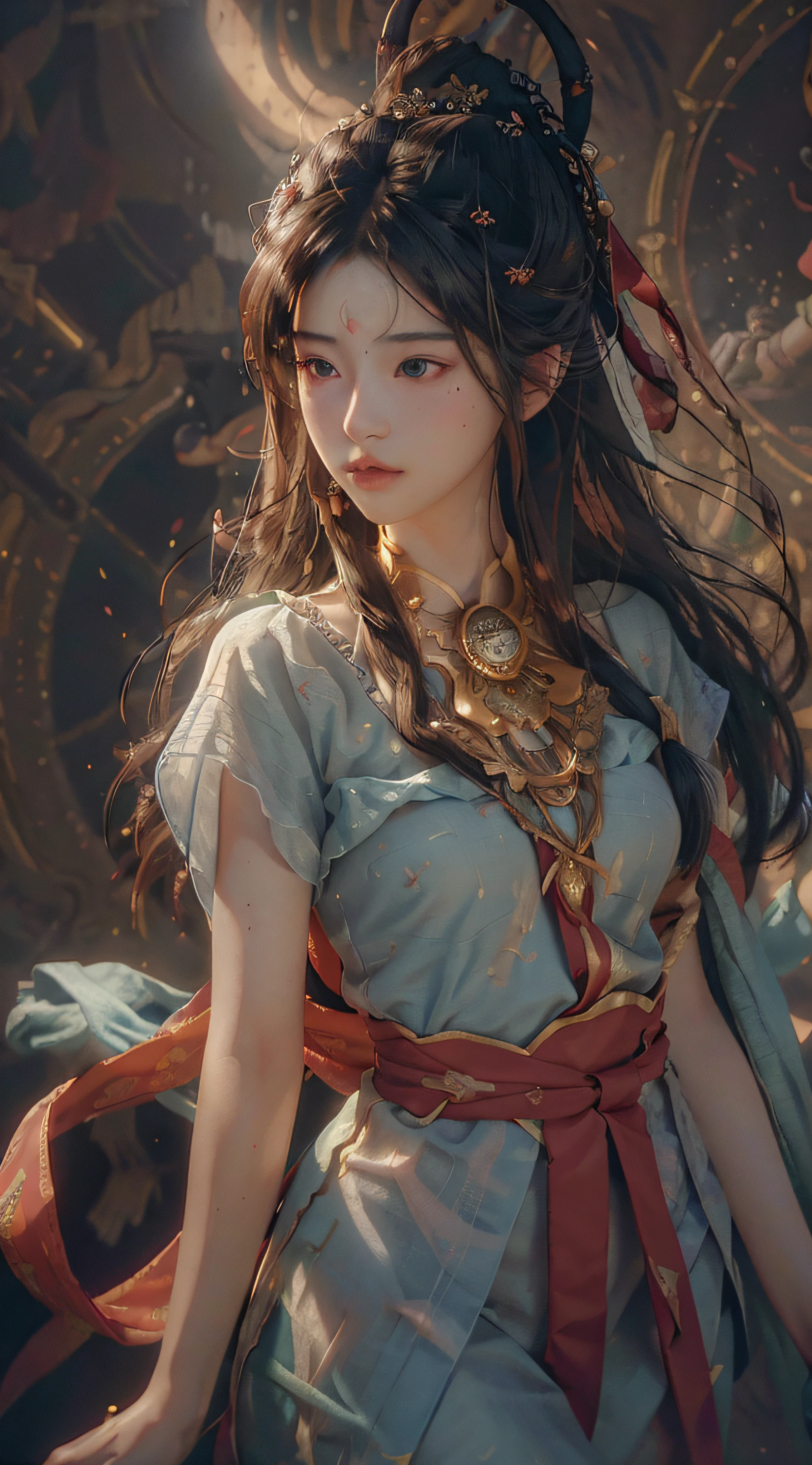 (RAW photo, best quality), (realistic, photo-realistic:1.3),best quality,highly detailed,masterpiece,ultra-detailed,illustration,1girl,upper_body,dynamic angle,world masterpiece theater,messy_long_hair,best quality,extremely detailed CG unity 8k wallpaper,ink,Amazing,cinematic lighting,lens_flare, dunhuang_style