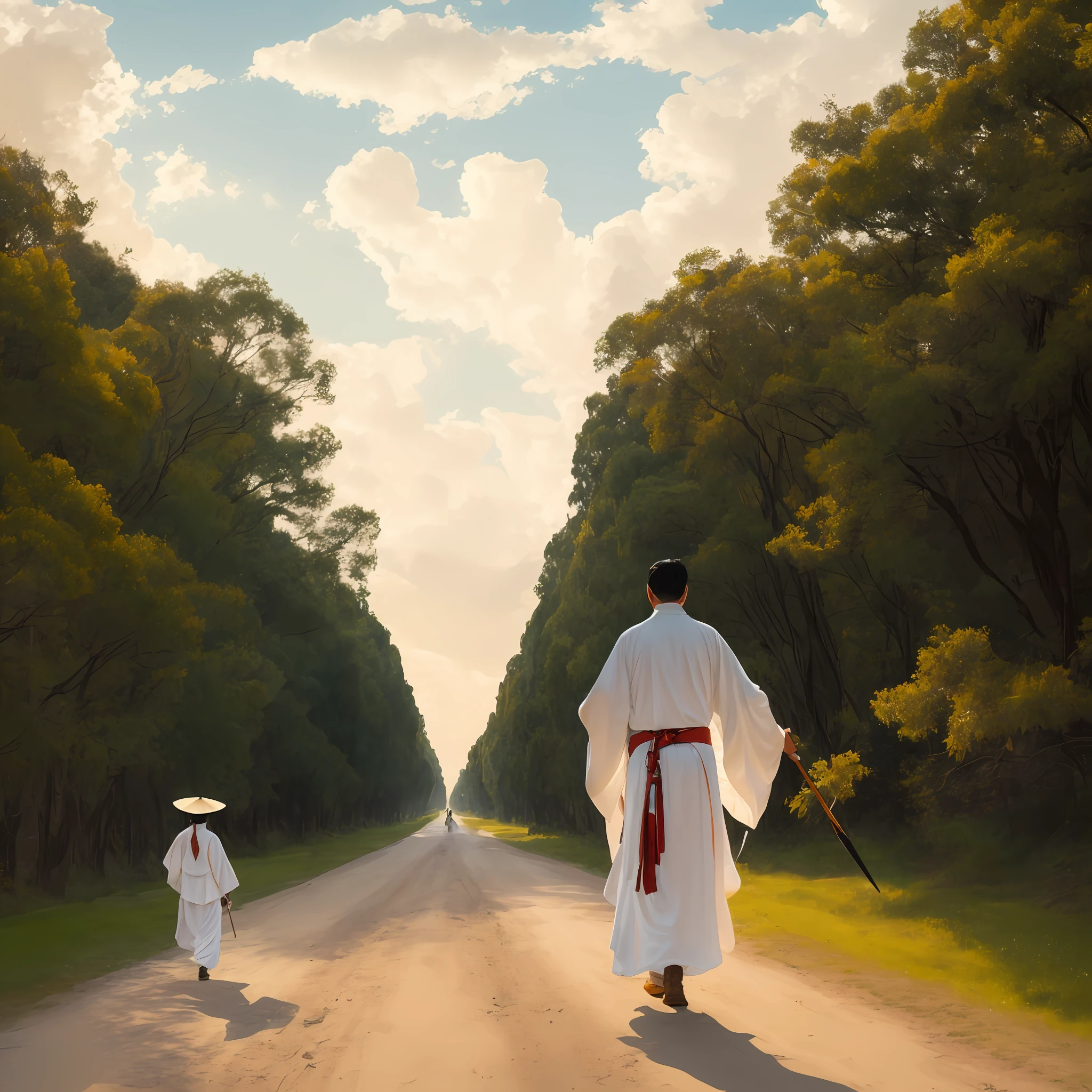 There was an adult man in a white costume, Auspicious clouds，White spear in hand，Walk alone on the Golden Avenue in white period costume，Hanfu