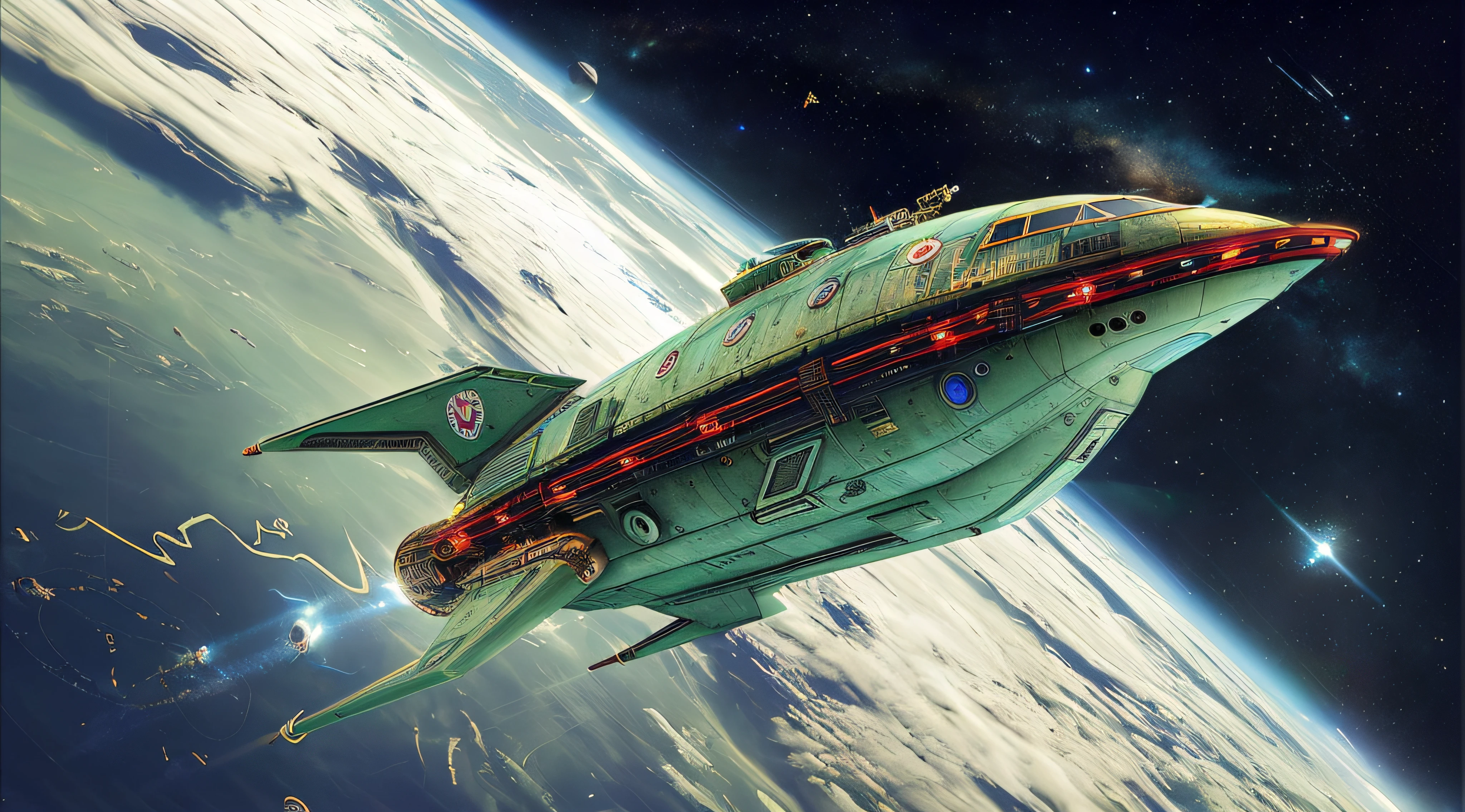 Spacecraft flying over Earth with Earth view, Ornate spacecraft painting, Nave espacial Solarpunk, retro science fiction spaceship, science fiction digital art, An epic spaceship scene, science fiction spaceship, Ancient spacecraft, small retro starship in the sky, spaceship, Spaceship in the sky, Cartoon fantasy spaceship, arte digital sci-fi, 16k, HDR, perfeita, super detalhada e definida,