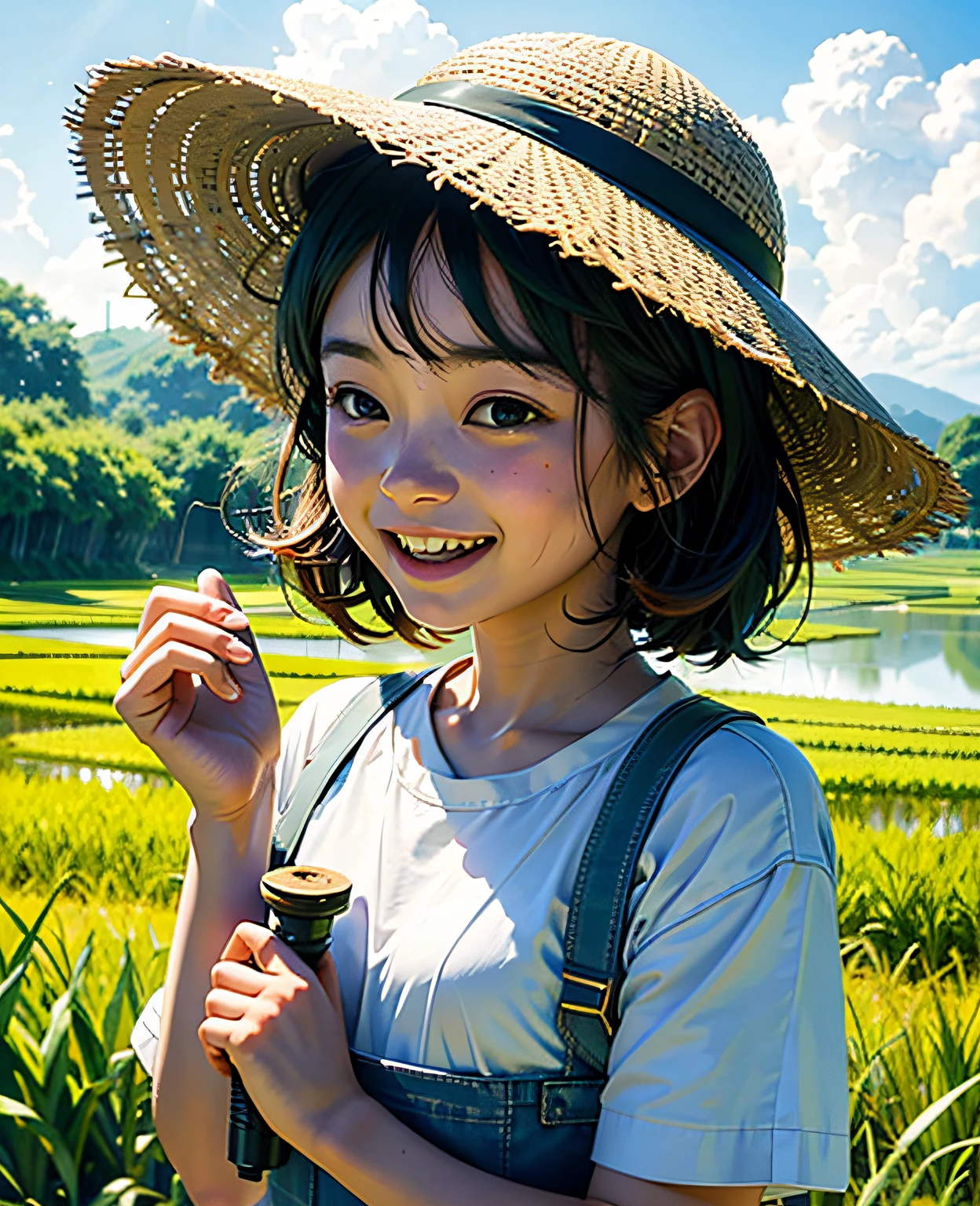 Sunny cute (Younger sister),younge boy(Brother's),bucket-hat,happy laughing,White,rice paddy,and the sun was shining brightly,Rice fields,chase,scalper,watermills。