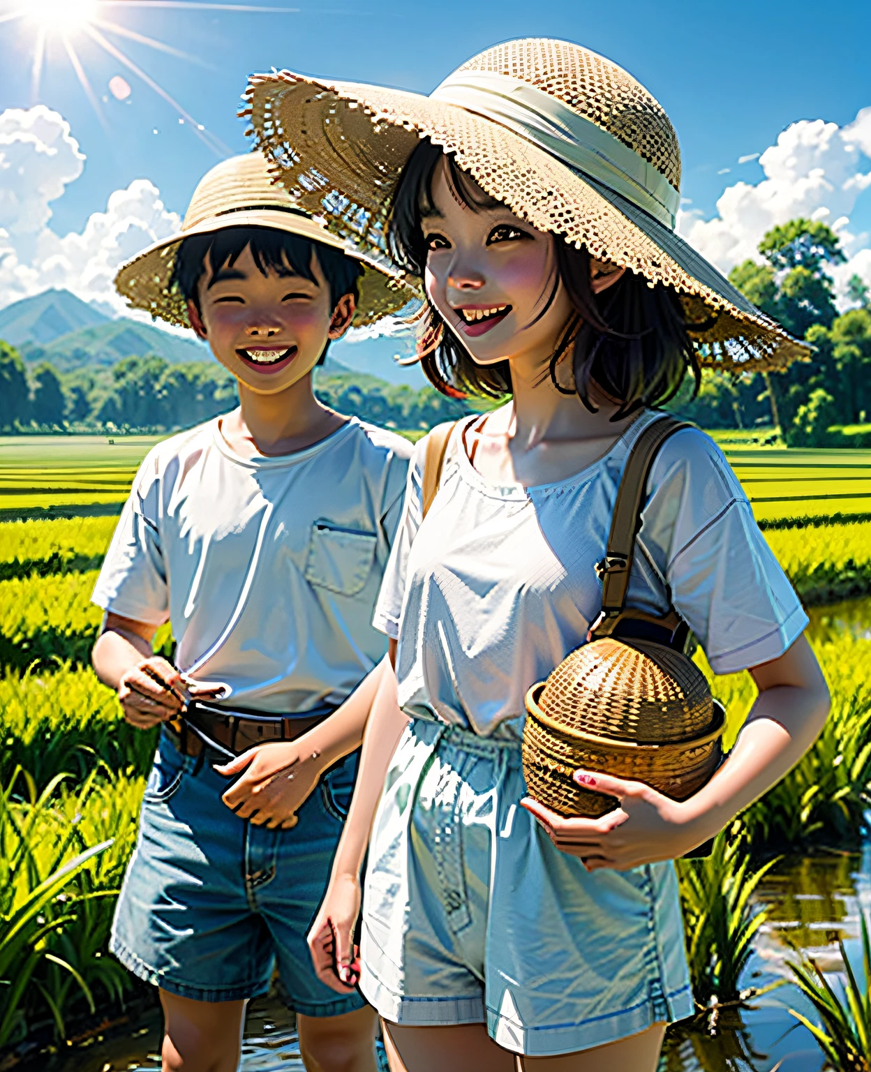 Sunny cute little girl(Younger sister),younge boy(Brother's),bucket-hat,happy laughing,White,rice paddy,and the sun was shining brightly,Rice fields,chase,scalper,watermills。