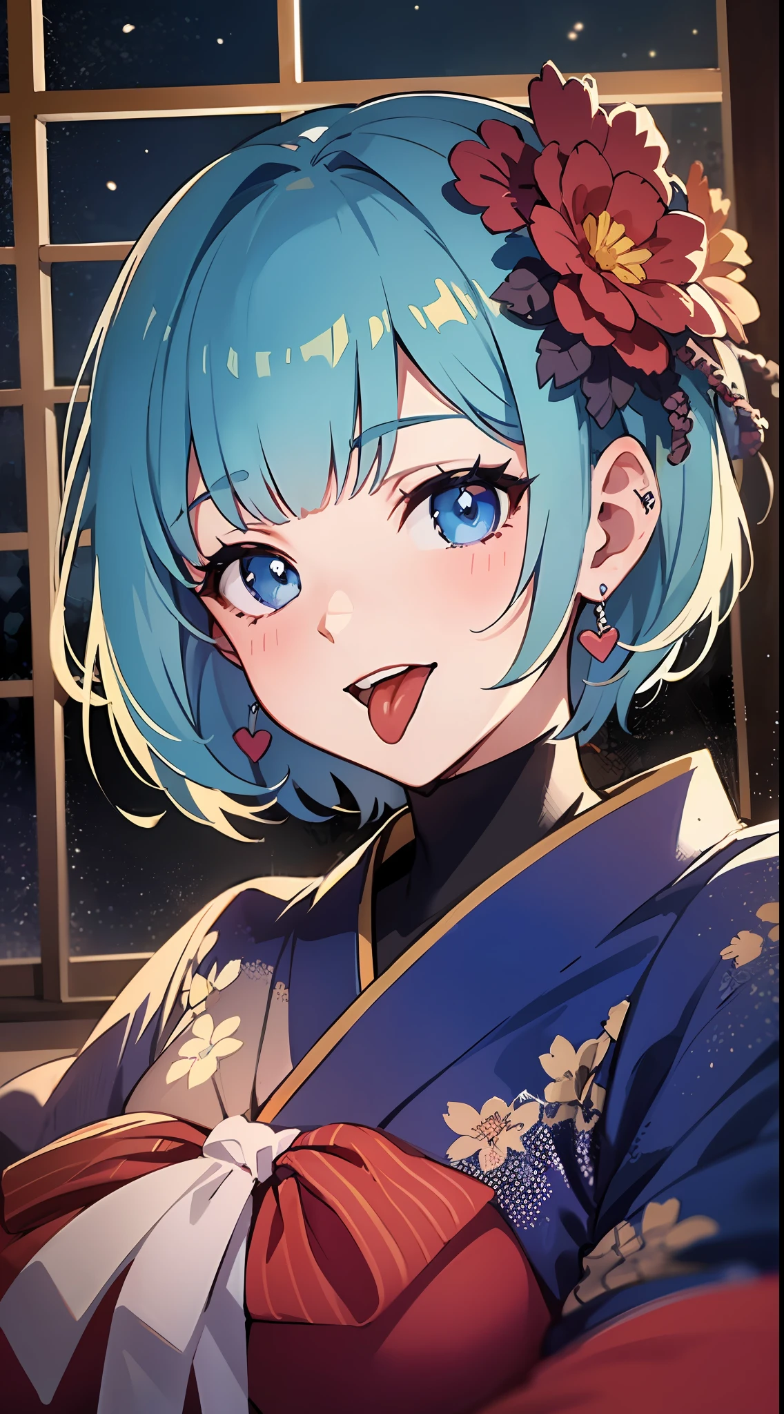(masterpiece:1.3), (best quality:1.3), high resolution,
couboy shot,
on back,
(one cute girl:1.3), solo,
white skin, small Breast, eight-headed person,
light blue hair, (bobbed hair:1.2), short hair, (blunt bangs:1.2), beautiful hair, blue eyes, beautiful detailed eyes,
(tongue out:1.3), heart, cheerful smile,
kimono, earrings,
indoors, (night:1.2), Fireworks in the night view, Sexy bed, night sky,
shadowlighting,