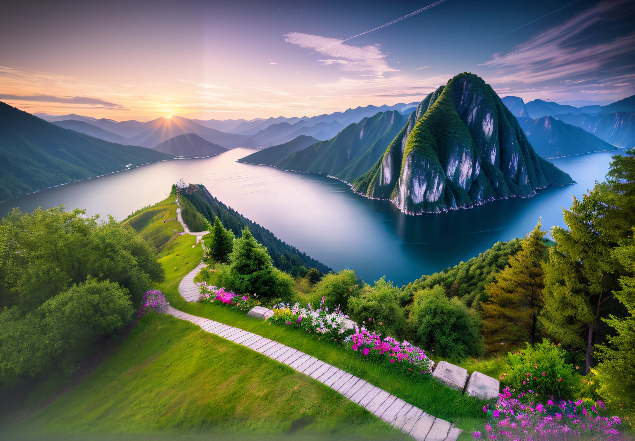 mountains and a lake with a path leading to it, epic beautiful landscape, stunning landscape, beautiful landscape, breathtaking landscape, majestic nature scenery, natural landscape beauty, beautiful mountains, beautiful nature, an amazing landscape image, beautiful scenic landscape, amazing landscape, a lake between mountains, lakeside mountains, beautiful scenic view, really beautiful nature, very beautiful scenery, the most beautiful landscape
