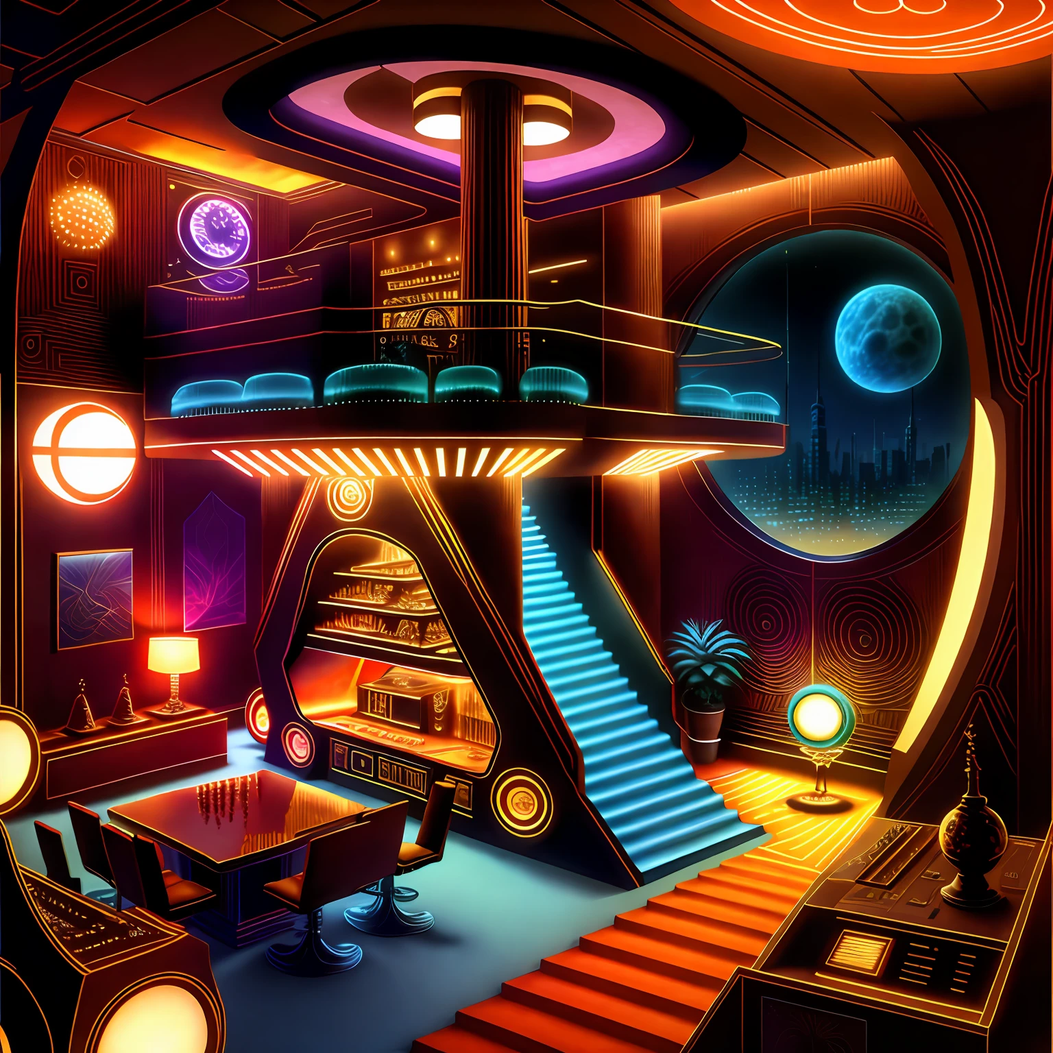 \1970RetroFuturism large penthouse with DJ Booth for rave party and whiskey bar