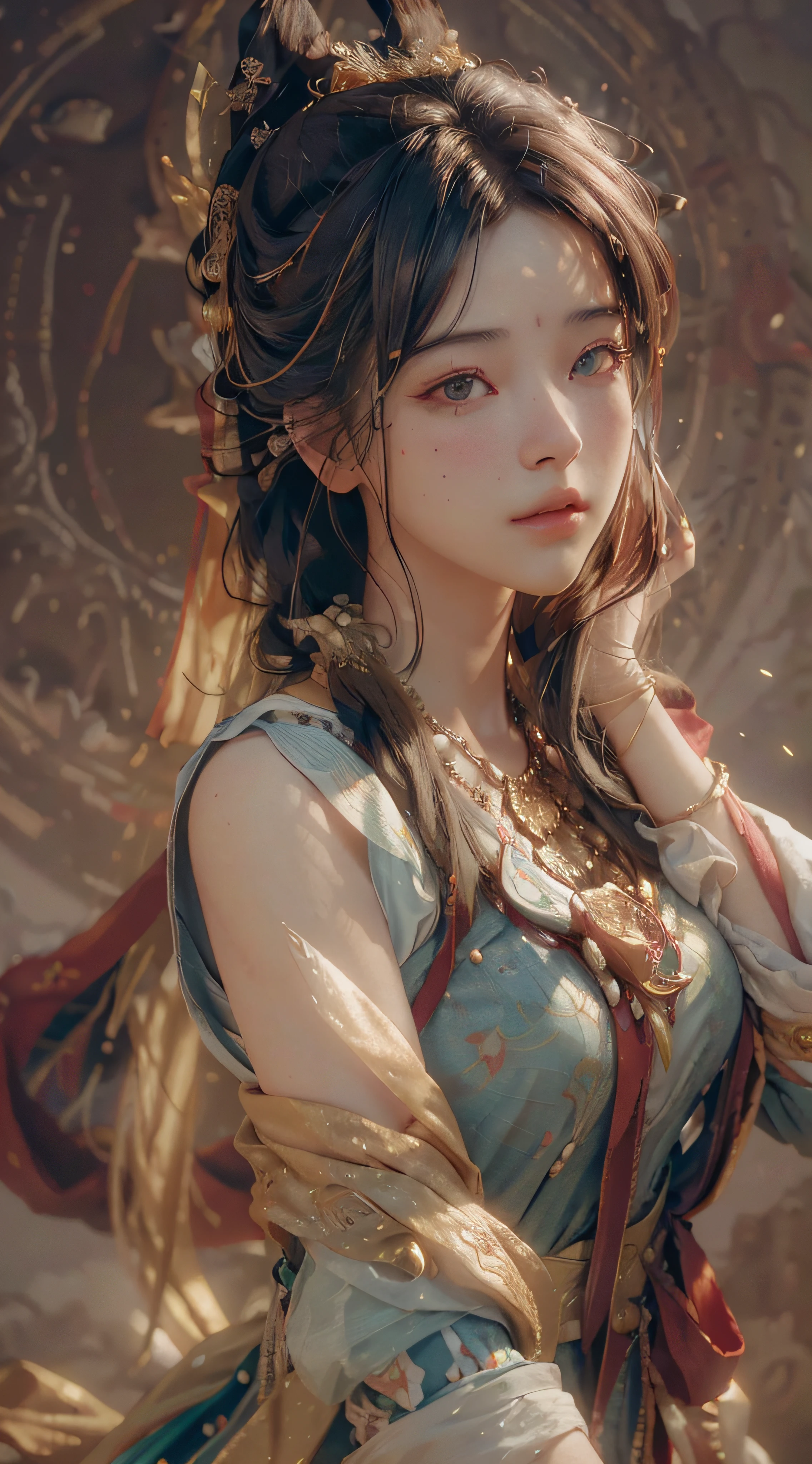 (RAW photo, best quality), (realistic, photo-realistic:1.3),best quality,highly detailed,masterpiece,ultra-detailed,illustration,1girl,upper_body,dynamic angle,world masterpiece theater,messy_long_hair,best quality,extremely detailed CG unity 8k wallpaper,ink,Amazing,cinematic lighting,lens_flare, dunhuang_style