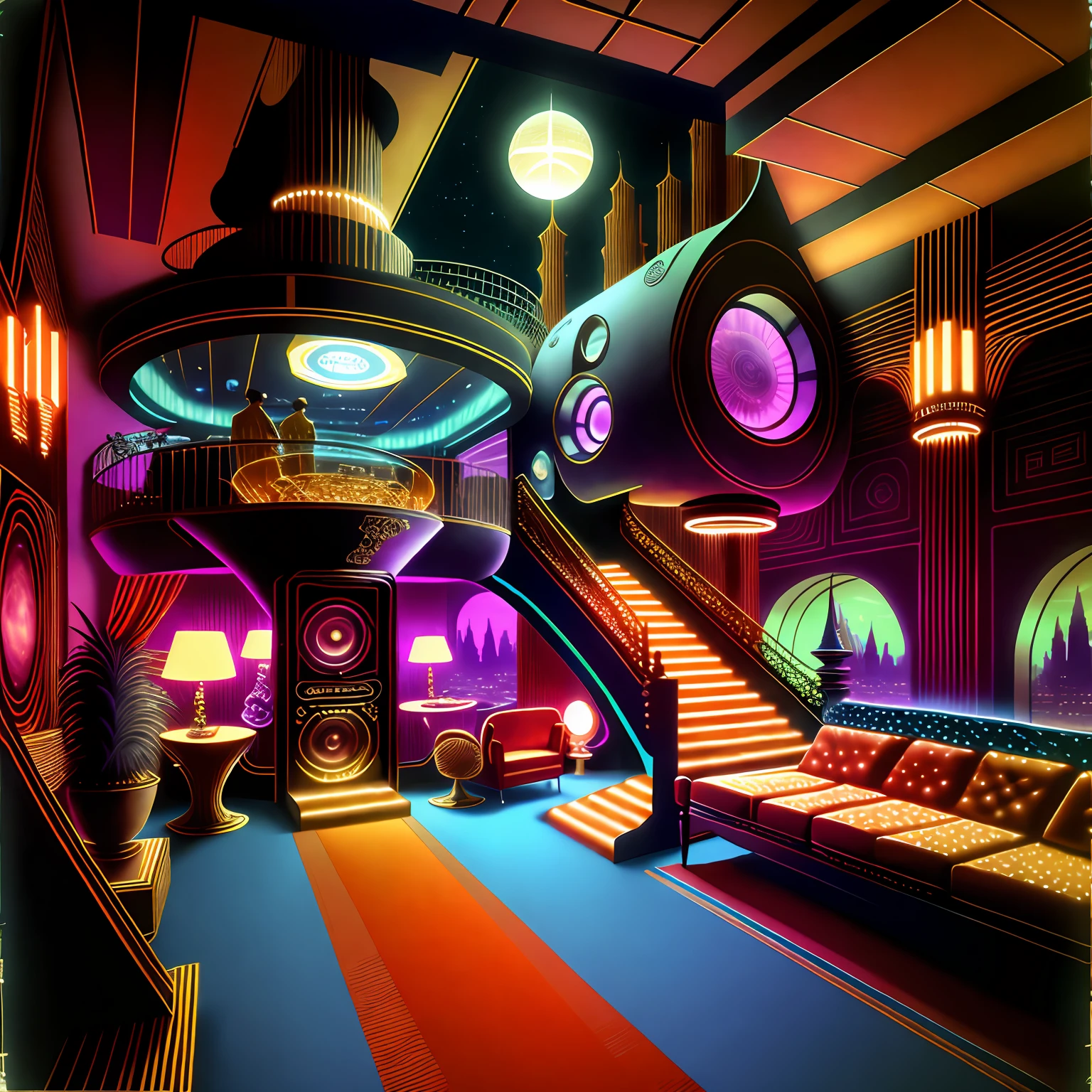 \1970RetroFuturism large penthouse with DJ Booth for rave party and whiskey bar