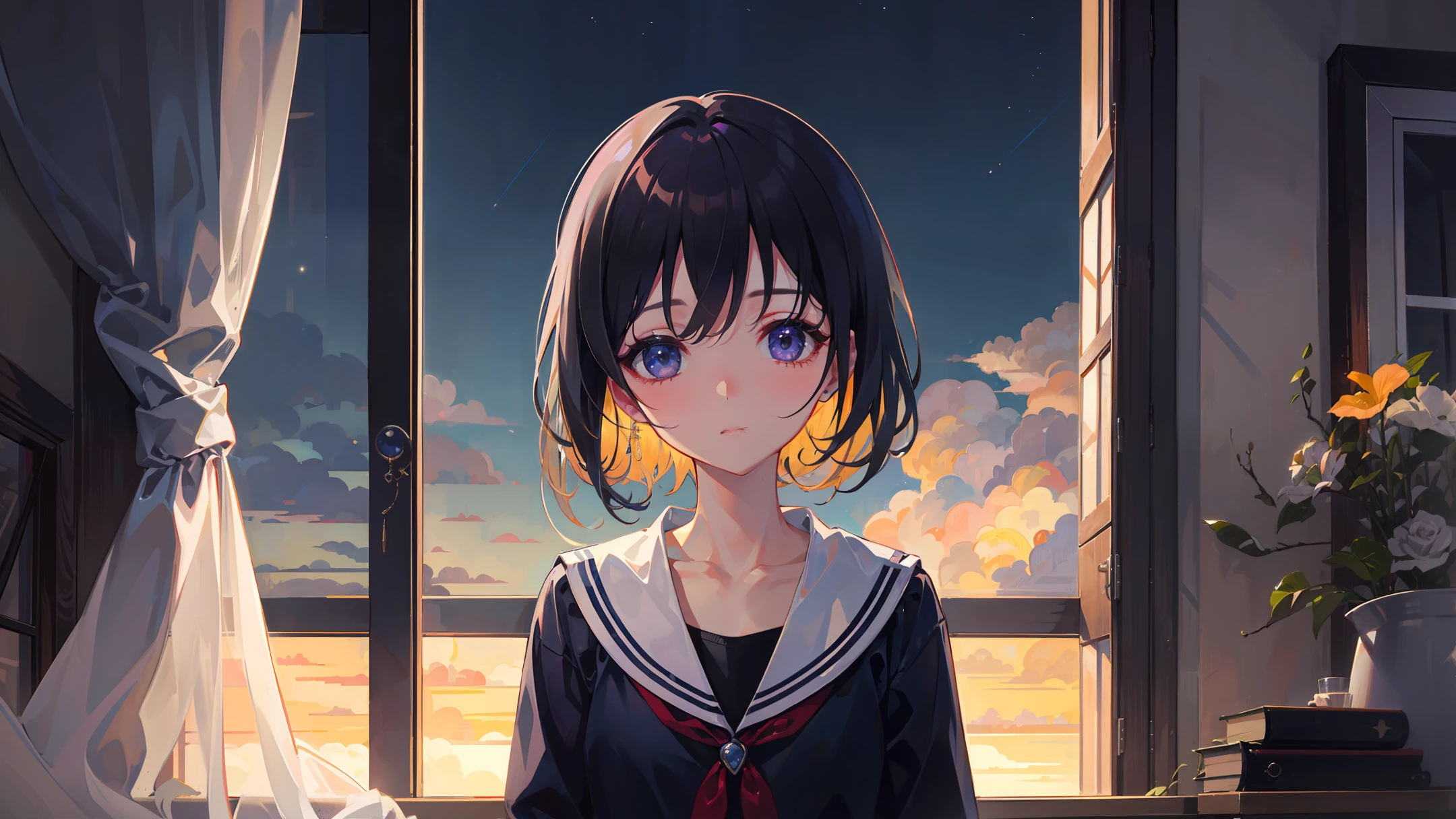 high-level image quality、4K、Window、midnight、Looking out the window、sentimental、unrequited