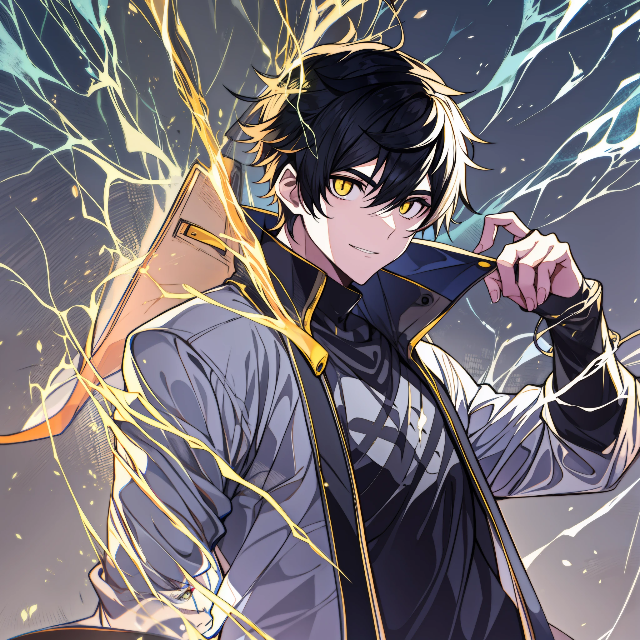 teenage male with black hair and yellow eyes, electricity powers