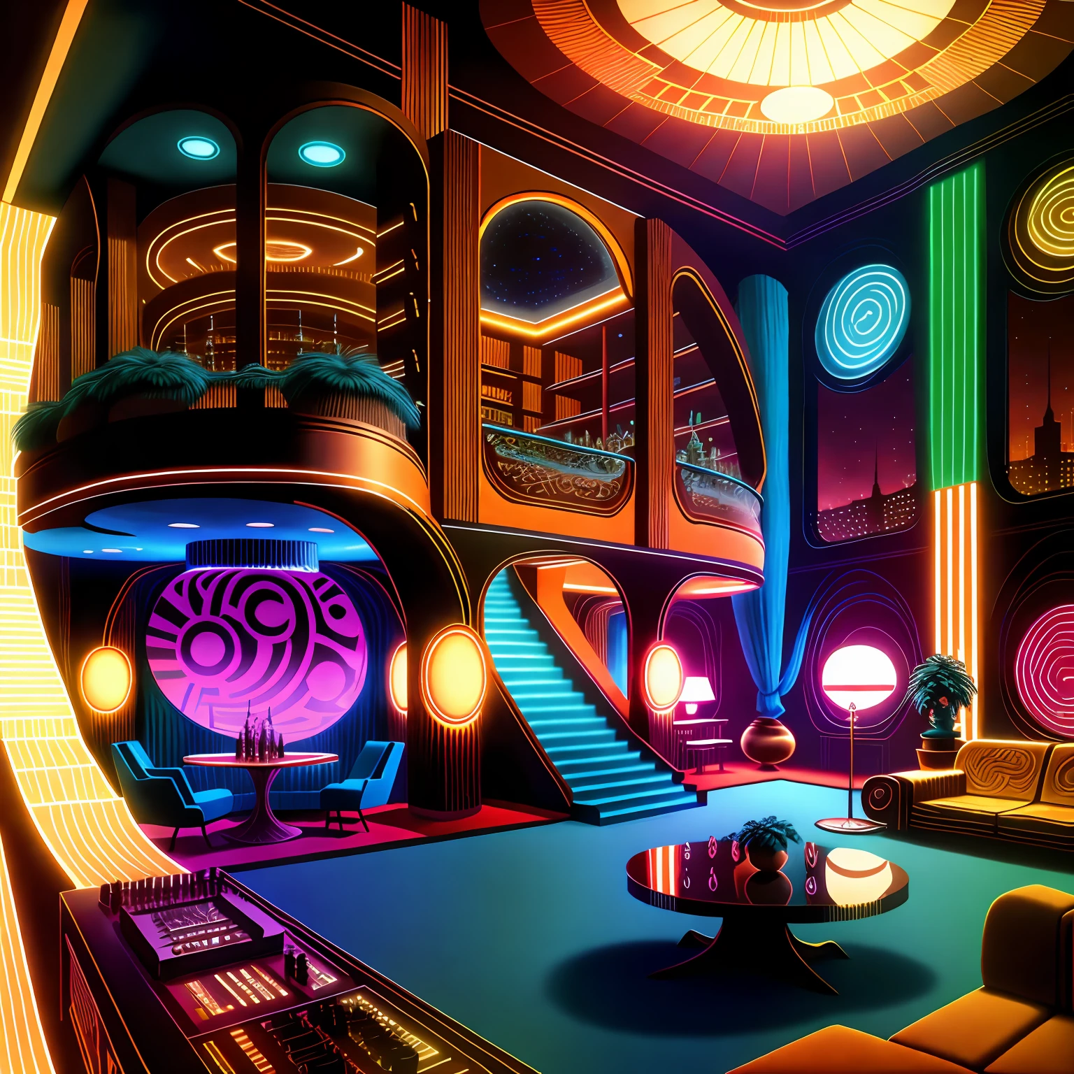 \1970RetroFuturism large penthouse with DJ Booth for rave party and whiskey bar