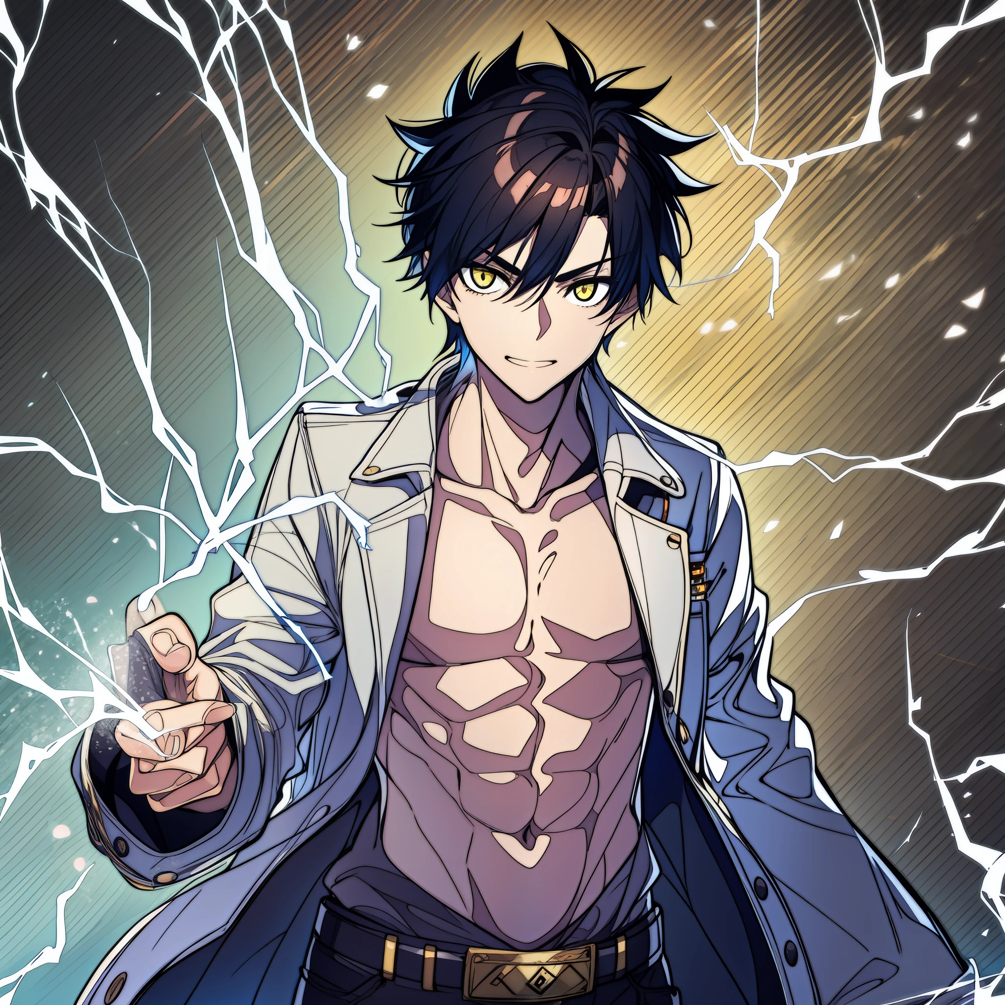 teenage male with black hair and yellow eyes, electricity powers