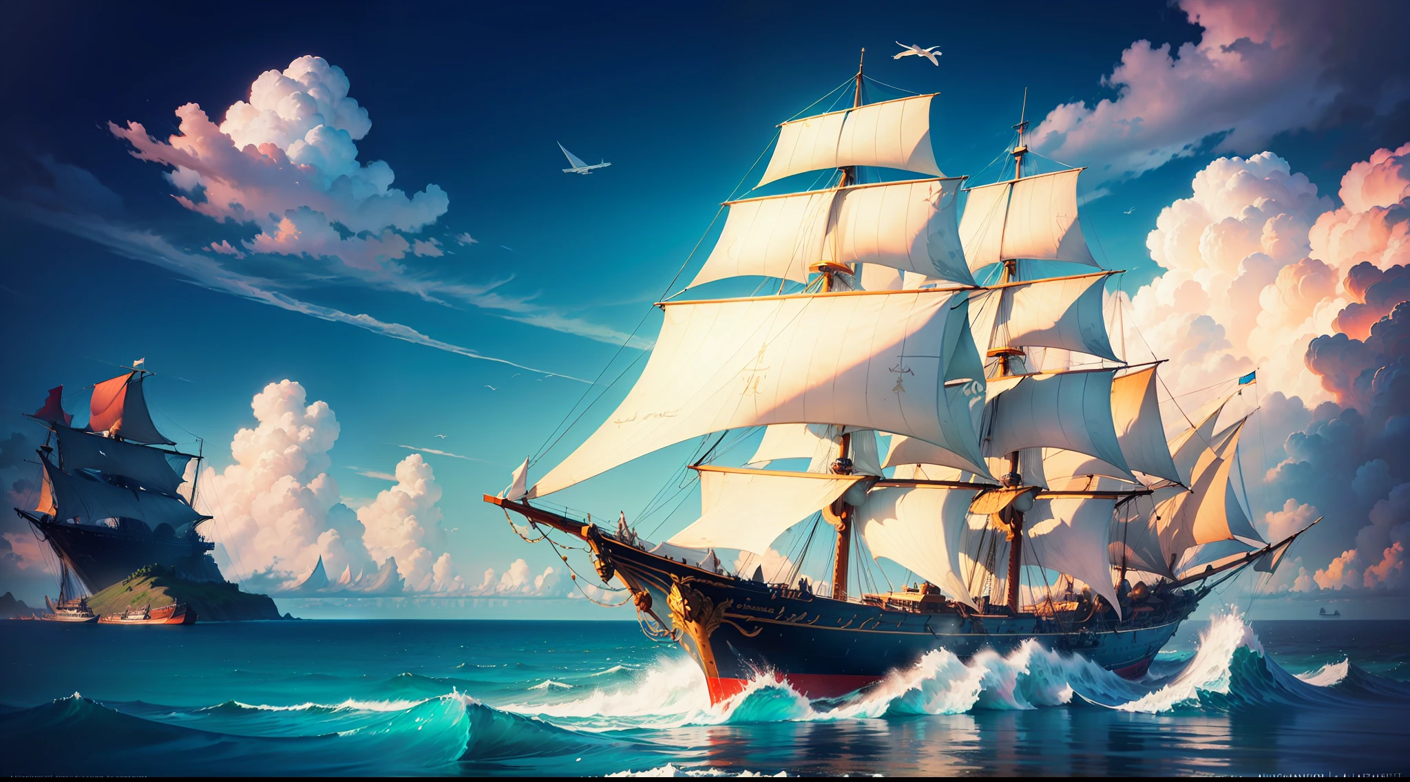 hd masterpiece, ((fantasy sailing ships)), (colorful clouds), ships far away in ocean, (tropic islands), by Aivasovski