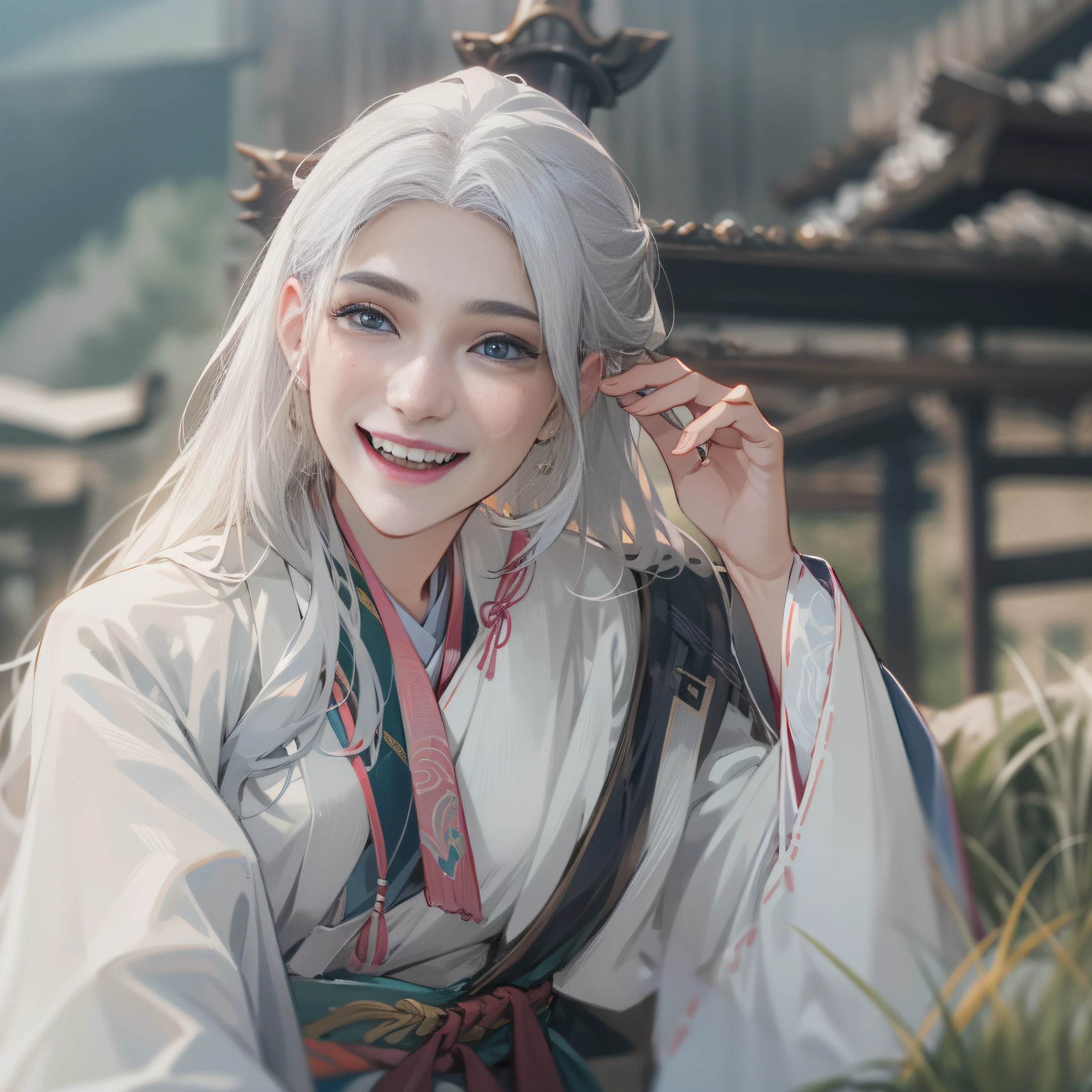white hair, cowboy shot, masterpiece, UHD, highres, 16k,Hanfu,ssmile,