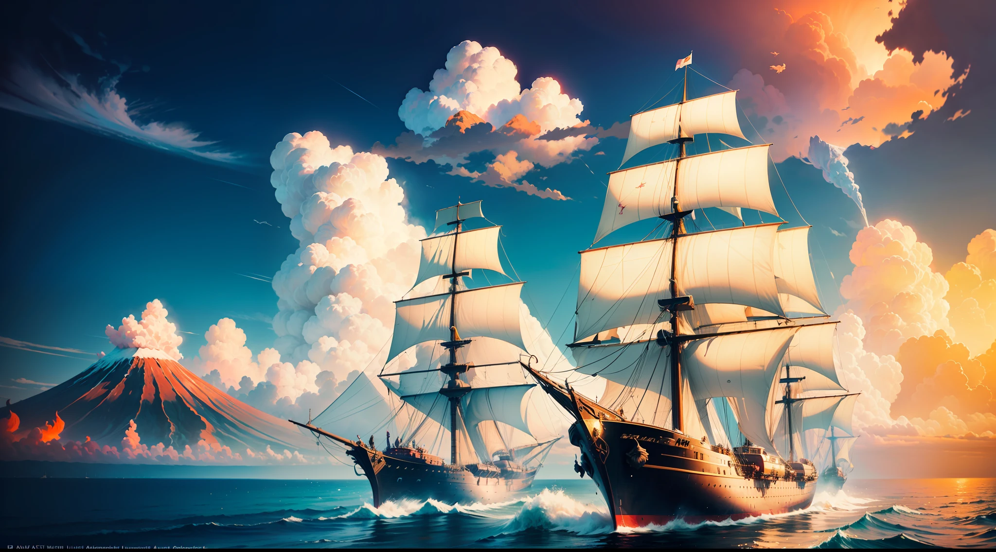 hd masterpiece, ((fantasy sailing ships)), (colorful clouds), ships far away in ocean, volcano on tropic islands, by Aivasovski