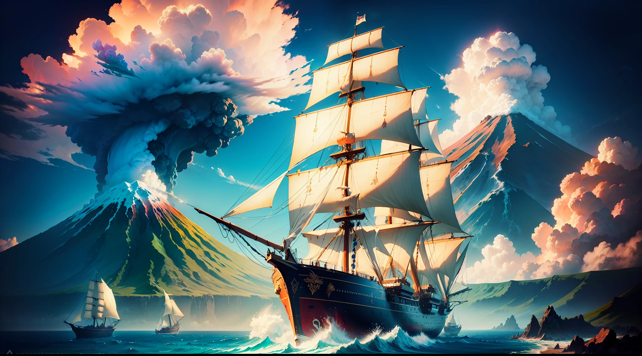 hd masterpiece, ((fantasy sailing ships)), (colorful clouds), ships far away in ocean, (volcano on tropic islands), by Aivasovski