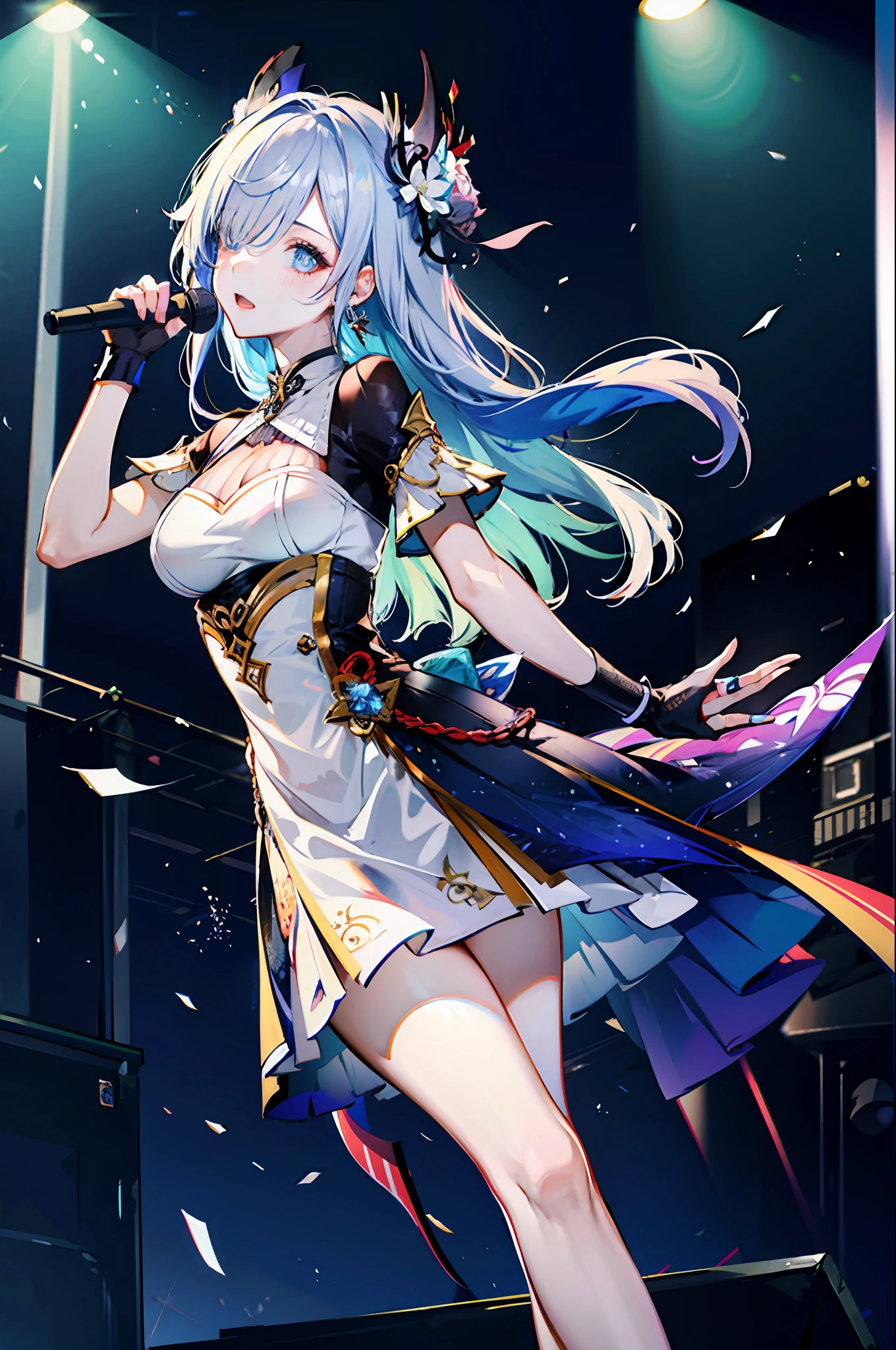 (best quality, detailed background, highres, absurdres, bloom, disheveled hair, shiny hair, exposed in lighting, bright pupils),
1girl, focus on leg, earpiece, long hair, silver hair, large_breasts, action_pose, standing,  arms behind back, stage, spotlight, glass ceiling, 
shenhe \(genshin impact\), hair_ornament, hair over one eye,  designer dress,  dutch_angle,