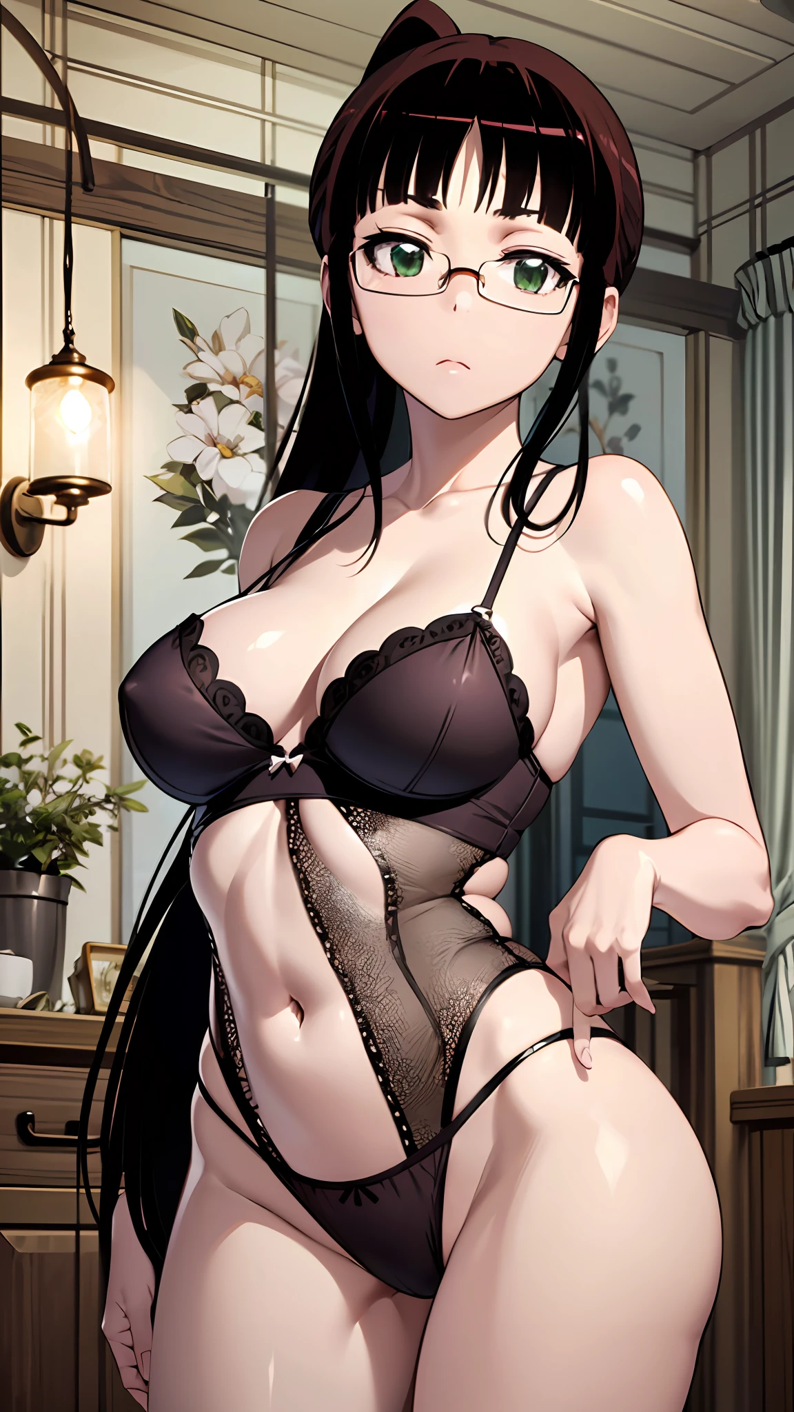 (the Extremely Detailed CG Unity 8K Wallpapers), (masutepiece), (Best Quality), (Ultra-detailed), (Best Illustration), (Best Shadow), (absurderes), 1girl in, Solo, Ruri Miyamoto, in one's underwear only, Brown lingerie,  Glasses, Looking at Viewer, crass room