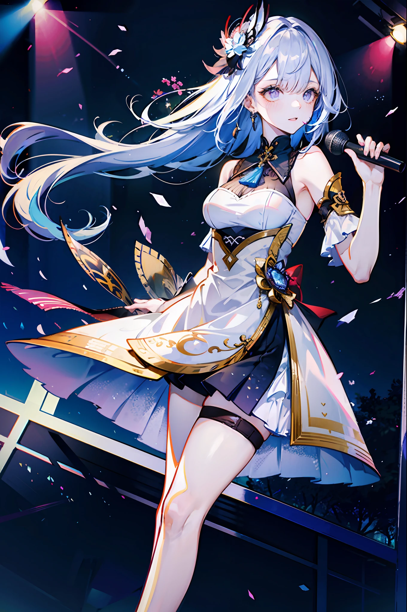 (best quality, detailed background, highres, absurdres, bloom, disheveled hair, shiny hair, exposed in lighting, bright pupils),
1girl, focus on leg, earpiece, long hair, silver hair, large_breasts, action_pose, standing,  arms behind back, stage, spotlight, glass ceiling, 
shenhe \(genshin impact\), hair_ornament, hair over one eye,  designer dress,  dutch_angle,