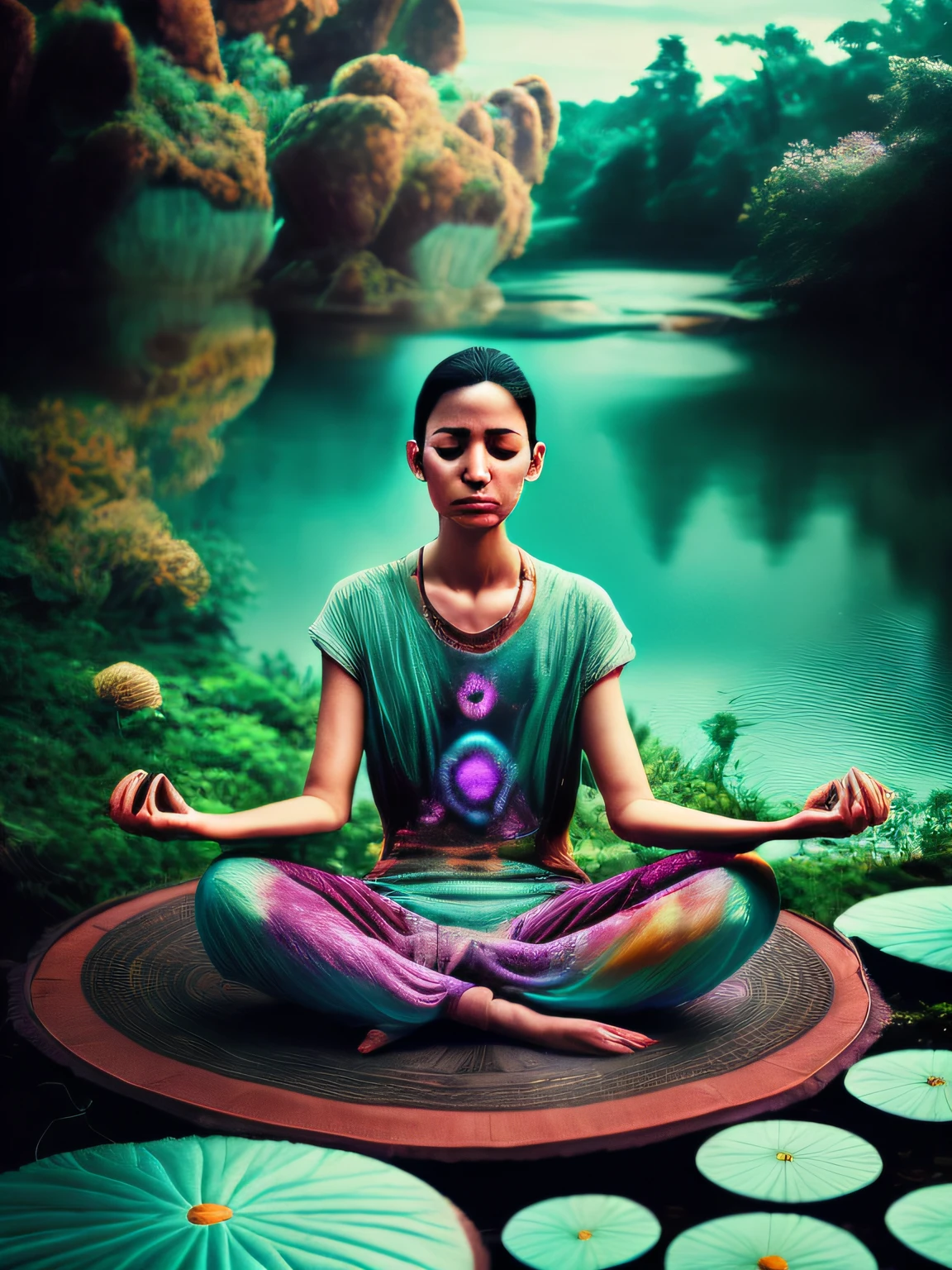 colorslashh, sci-fi, foto RAW, Photograph of real people sitting in a lotus position in nature, HUD controla uma mandala budista, pigmentos de cor espalhados no ar,