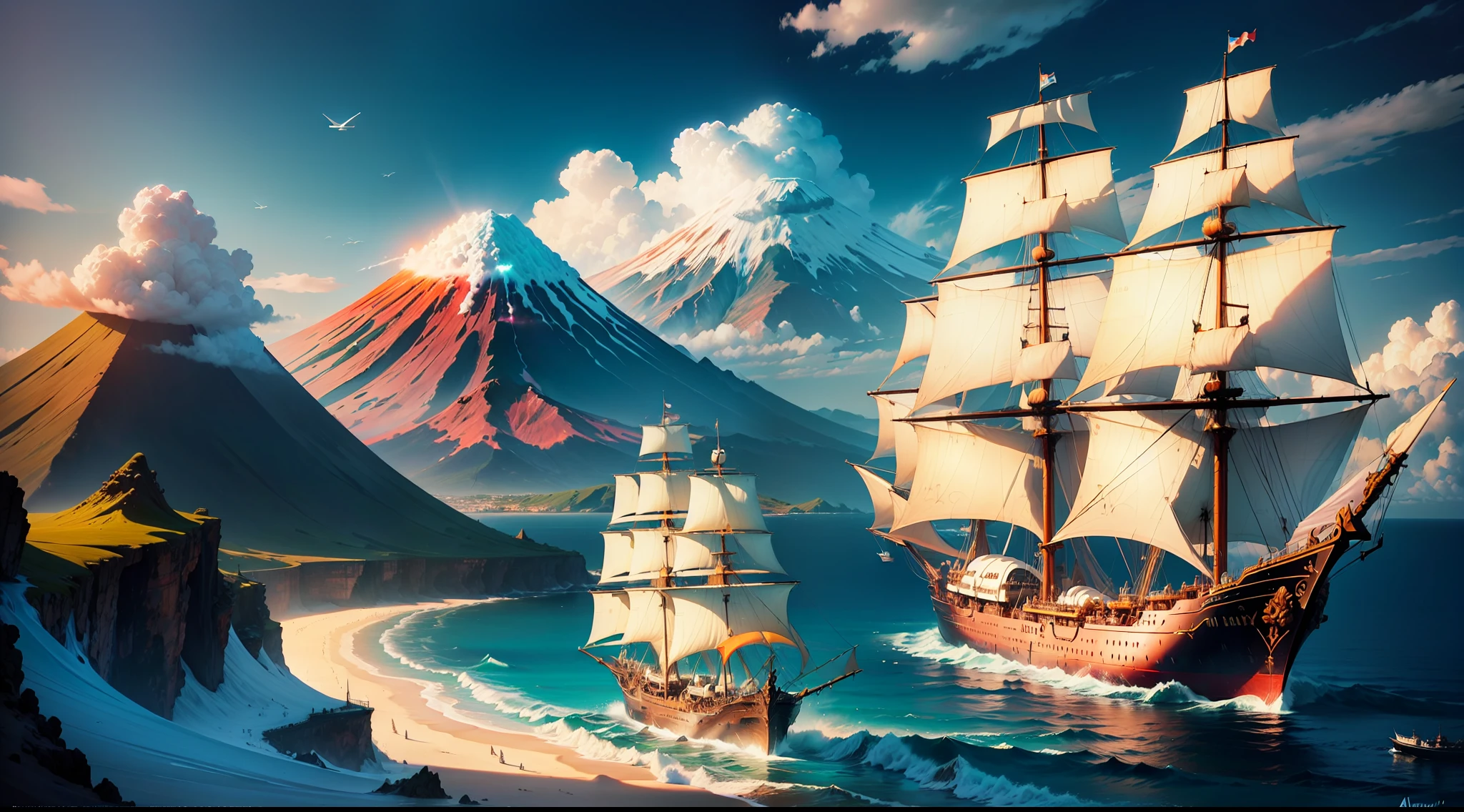 hd masterpiece, ((fantasy sailing ships)), (colorful clouds), ships far away in ocean, (volcano on tropic islands), by Aivasovski