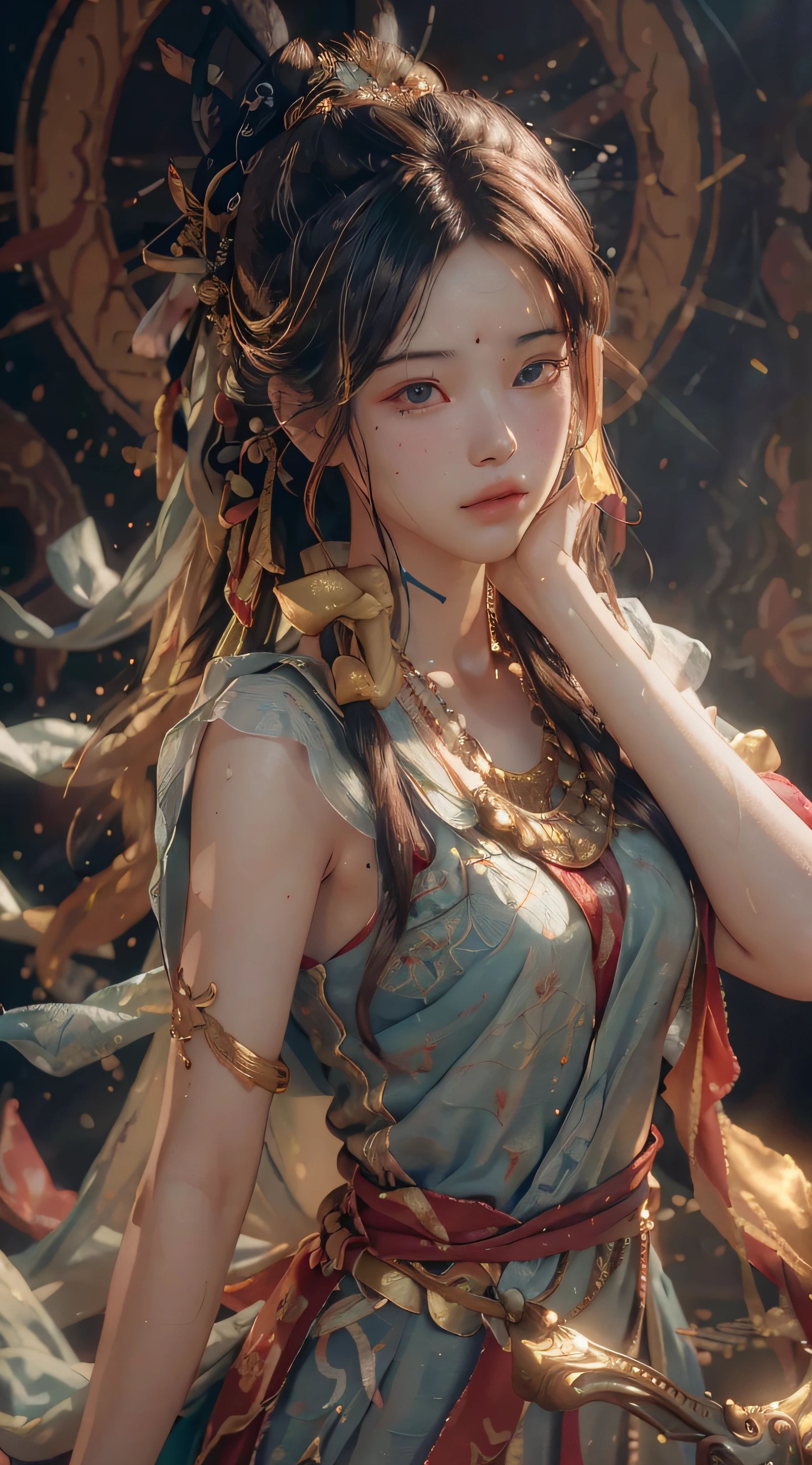 (RAW photo, best quality), (realistic, photo-realistic:1.3),best quality,highly detailed,masterpiece,ultra-detailed,illustration,1girl,upper_body,dynamic angle,world masterpiece theater,messy_long_hair,best quality,extremely detailed CG unity 8k wallpaper,ink,Amazing,cinematic lighting,lens_flare, dunhuang_style
