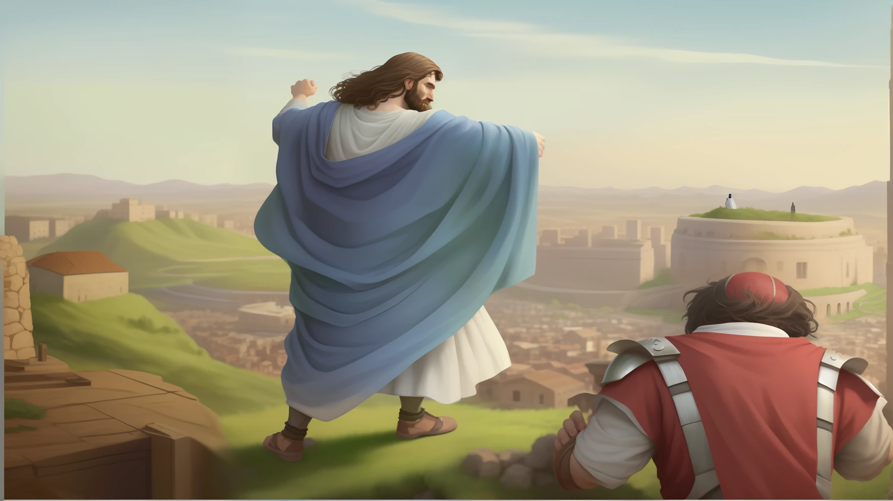 Jesus shows a city to the disciples, bible illustration, epic biblical representation, imagem super realista, cinematic lighthing, beautiful depiction, Realistic, 4k, HDR